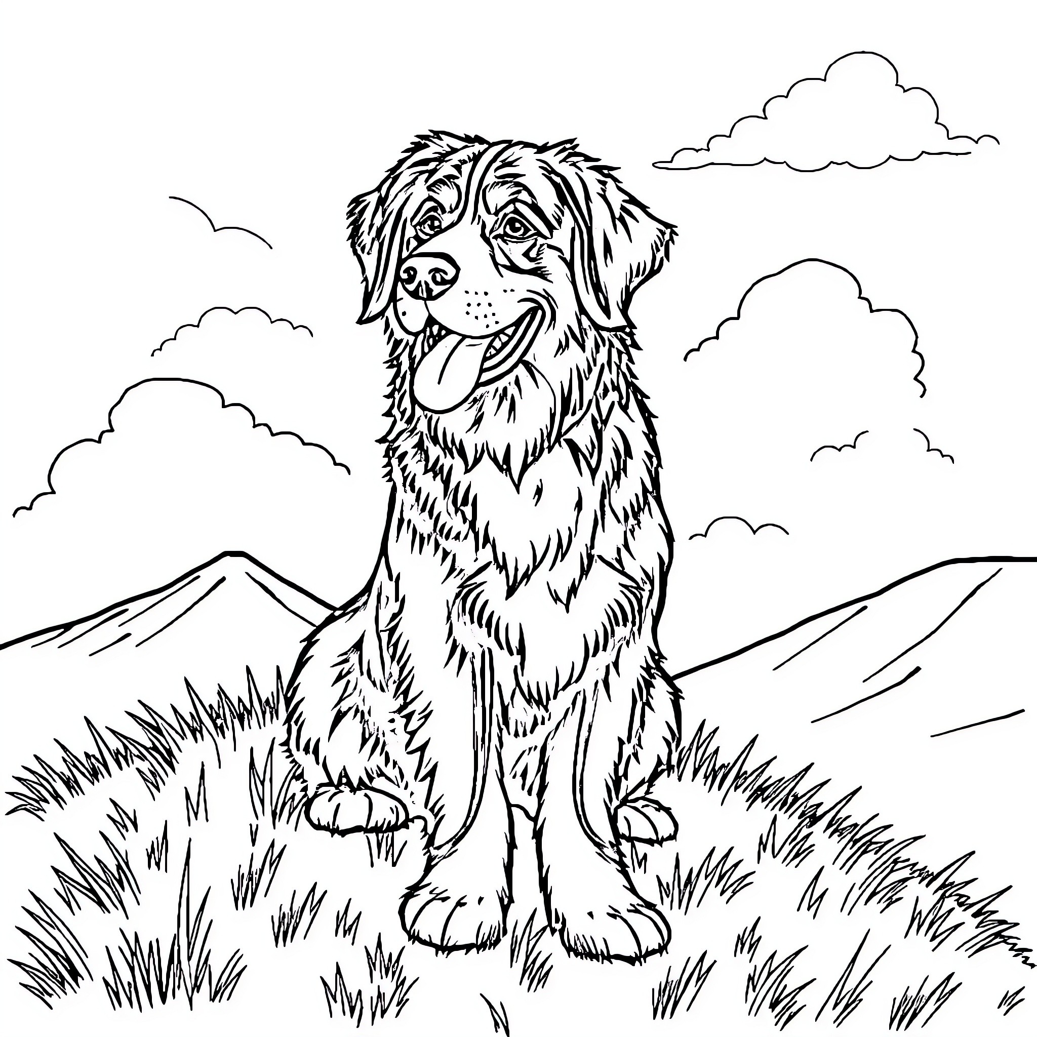 Burmese Mountain Dog enjoying mountain scenery Coloring Page (free black-and-white line drawing printable PDF for all, from beginners to advanced learners, including children, teens, adults, and seniors)