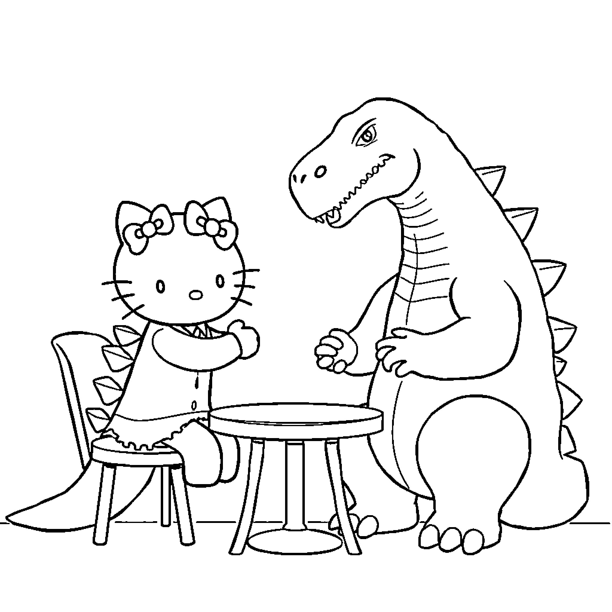 Hello Kitty Enjoys Tea with Friendly Dinosaur Coloring Page (free black-and-white line drawing printable PDF for all, from beginners to advanced learners, including children, teens, adults, and seniors)