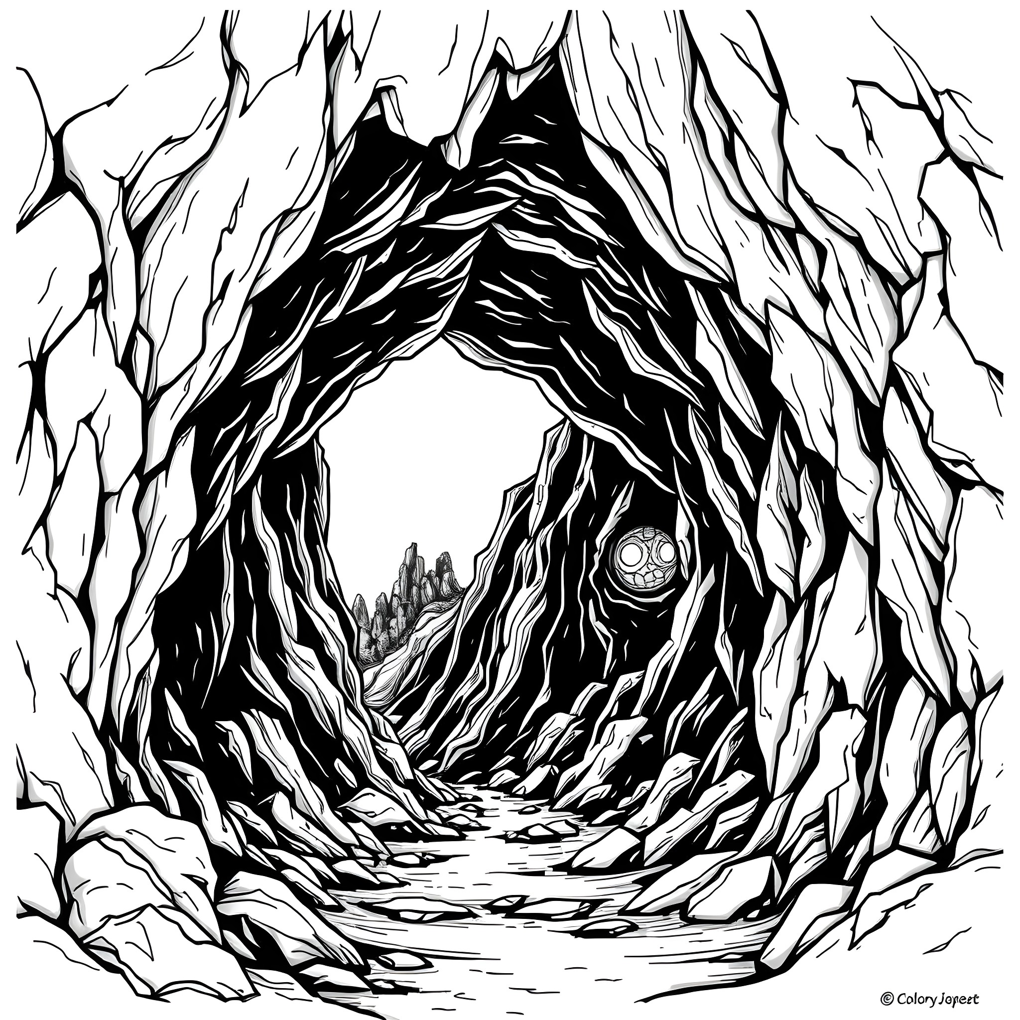 Cave entrance with mysterious glow Coloring Page (free black-and-white line drawing printable PDF for all, from beginners to advanced learners, including children, teens, adults, and seniors)