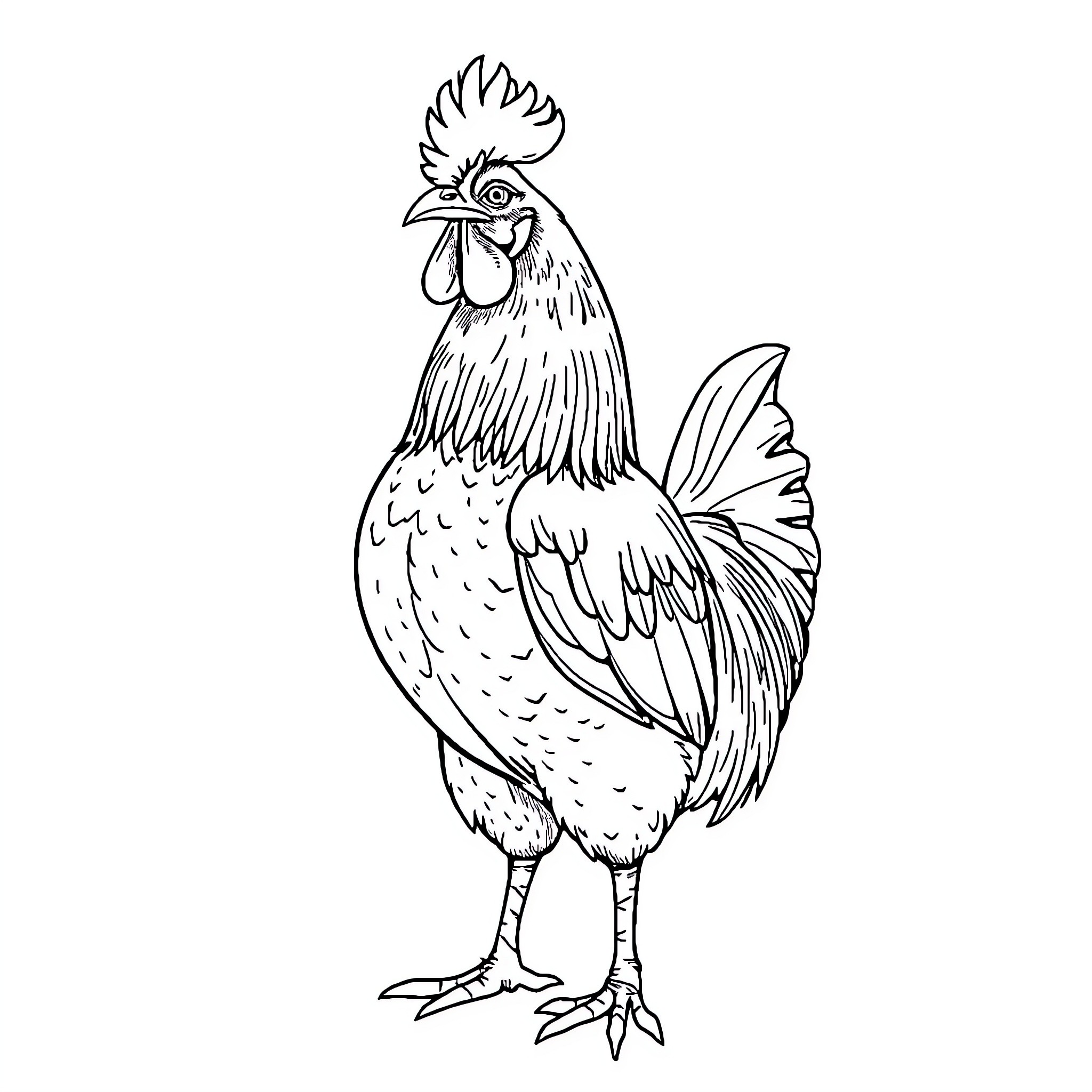 Chicken standing proud and tall Coloring Page (free black-and-white line drawing printable PDF for all, from beginners to advanced learners, including children, teens, adults, and seniors)