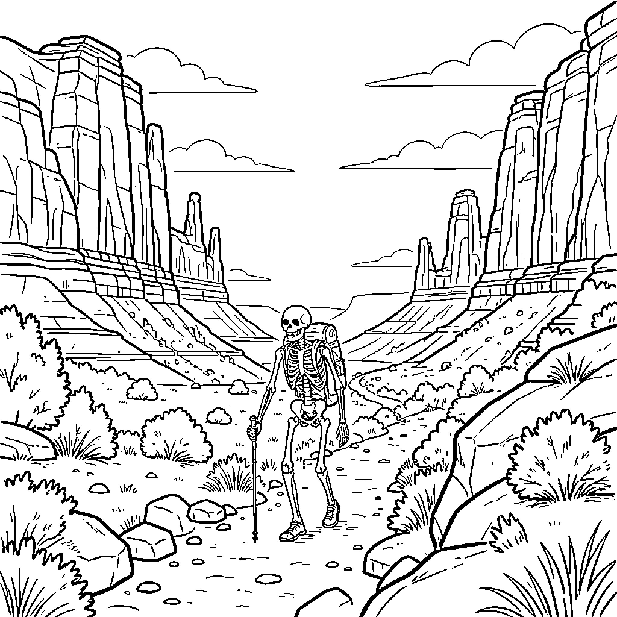 Skeleton exploring the vast desert landscape Coloring Page (free black-and-white line drawing printable PDF for all, from beginners to advanced learners, including children, teens, adults, and seniors)