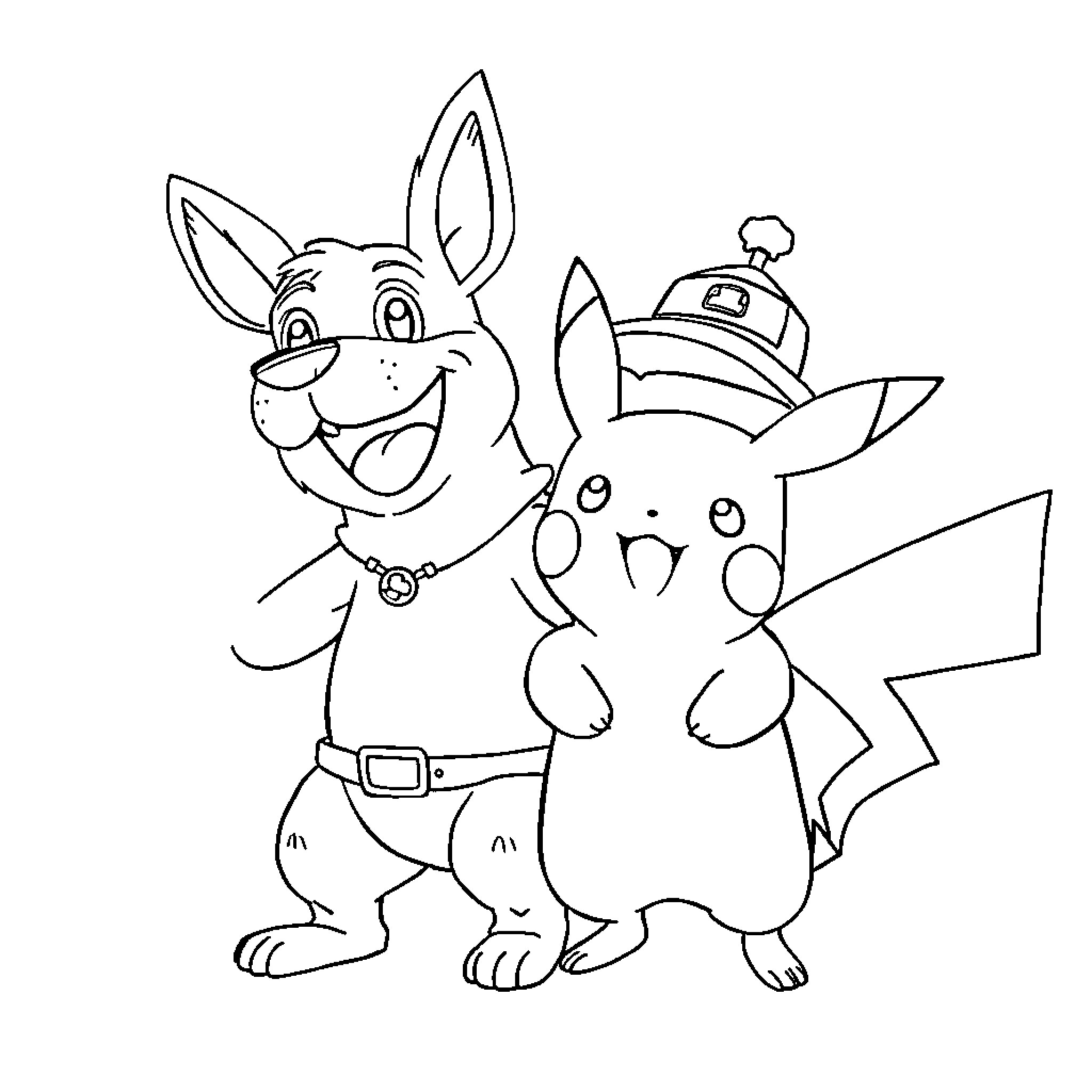 Pikachu and friend in playful adventure Coloring Page (free black-and-white line drawing printable PDF for all, from beginners to advanced learners, including children, teens, adults, and seniors)
