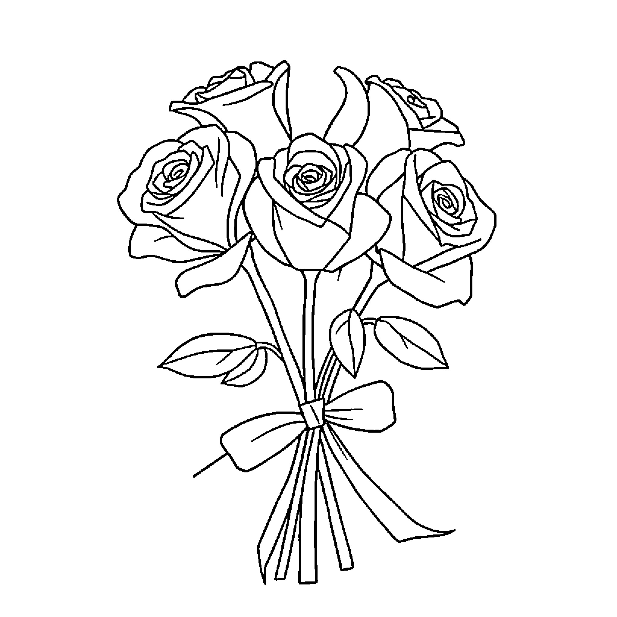 Rose Bouquet with Ribbon Coloring Page (free black-and-white line drawing printable PDF for all, from beginners to advanced learners, including children, teens, adults, and seniors)