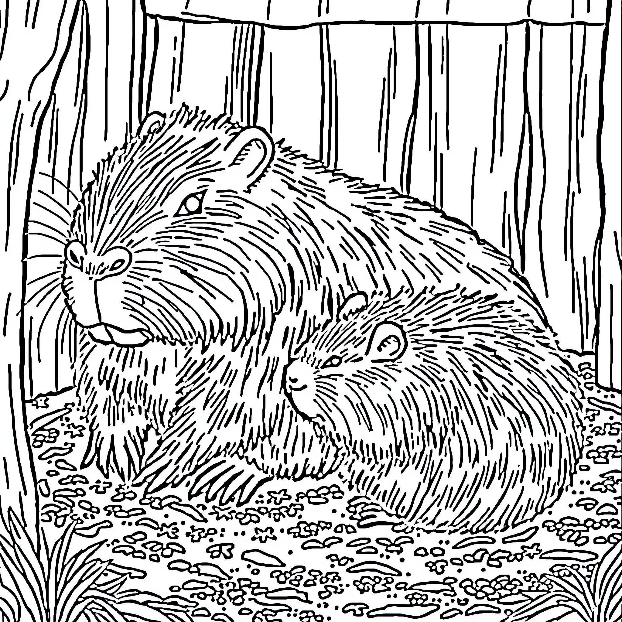 Capybara siblings resting in the forest Coloring Page (free black-and-white line drawing printable PDF for all, from beginners to advanced learners, including children, teens, adults, and seniors)