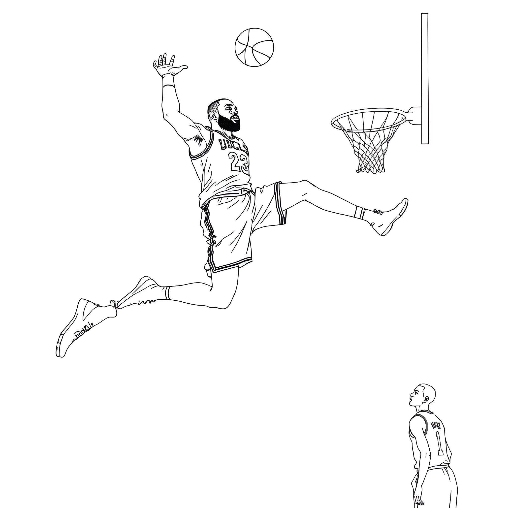 LeBron James' Iconic Slam Dunk Performance Coloring Page (free black-and-white line drawing printable PDF for all, from beginners to advanced learners, including children, teens, adults, and seniors)