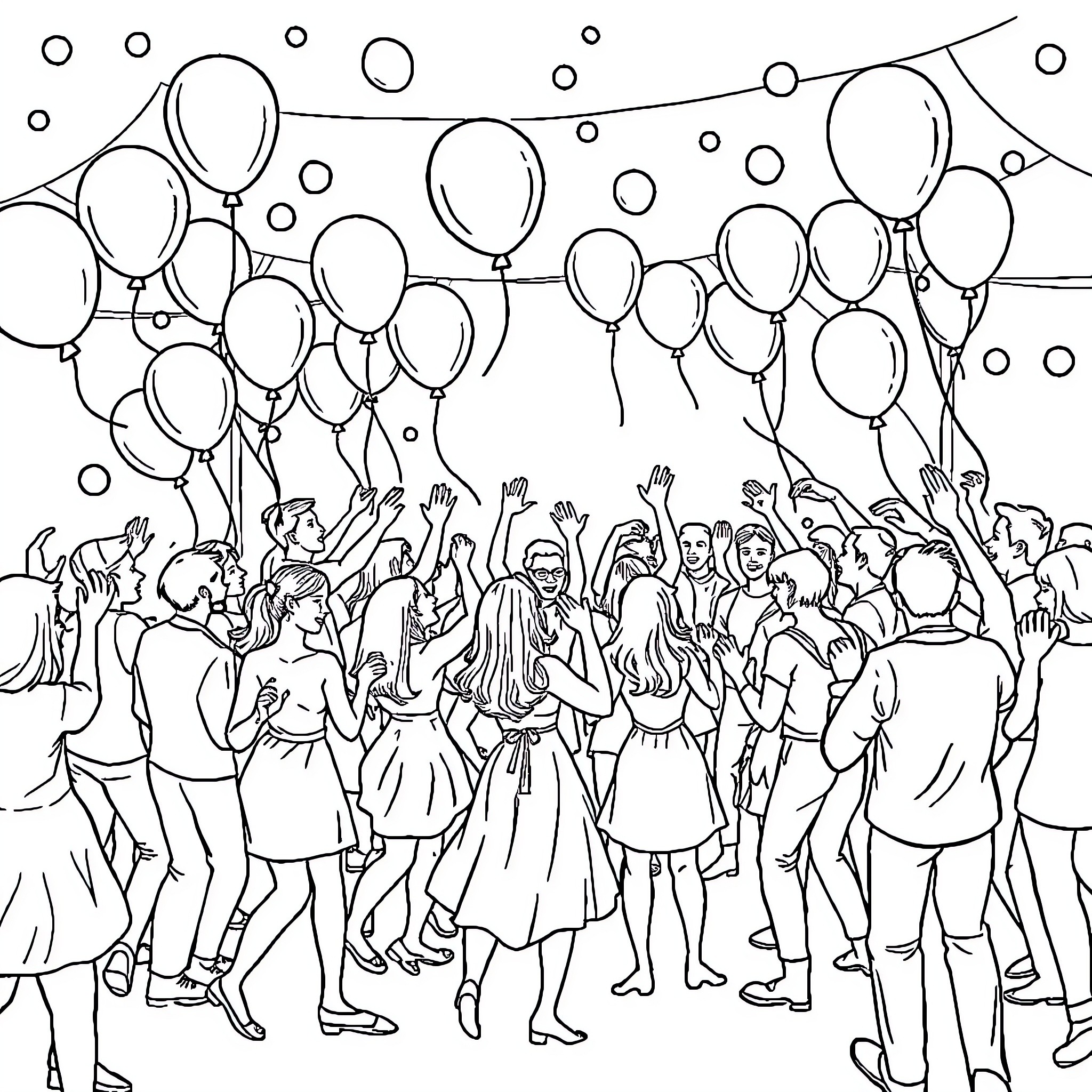 Party of joyful people celebrating with balloons Coloring Page (free black-and-white line drawing printable PDF for all, from beginners to advanced learners, including children, teens, adults, and seniors)