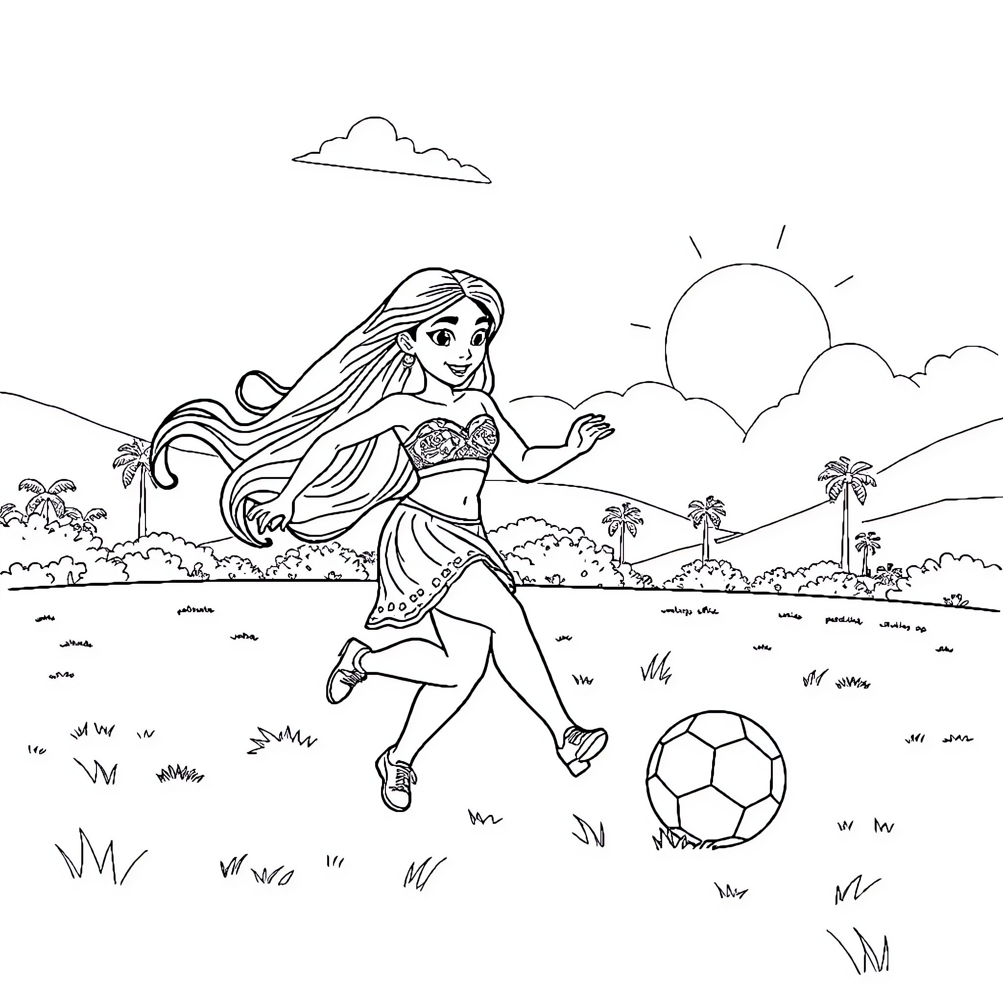 Vaiana playing joyfully with a soccer ball in a tropical setting Coloring Page (free black-and-white line drawing printable PDF for all, from beginners to advanced learners, including children, teens, adults, and seniors)