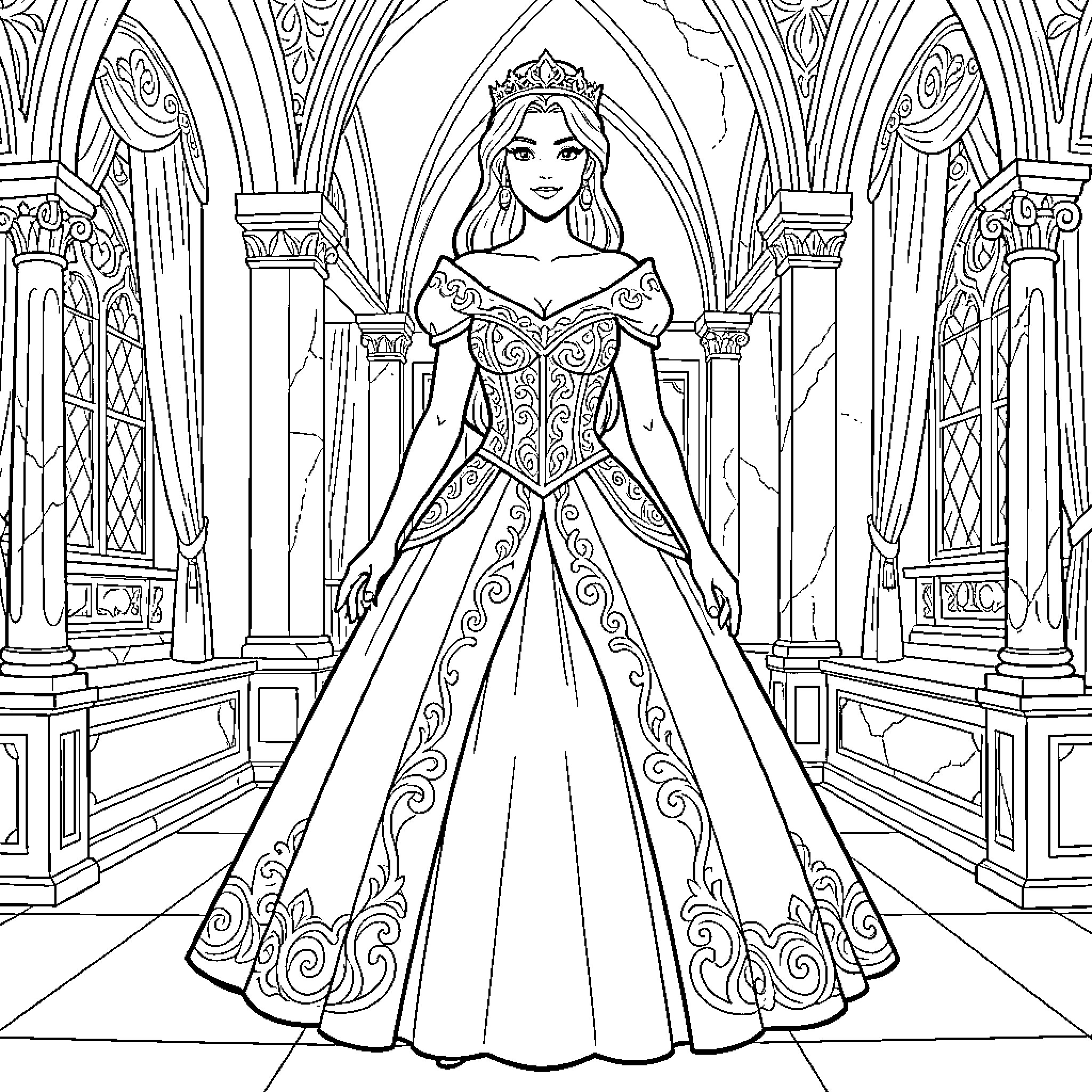 Princess wearing a grand gown in a palace Coloring Page (free black-and-white line drawing printable PDF for all, from beginners to advanced learners, including children, teens, adults, and seniors)