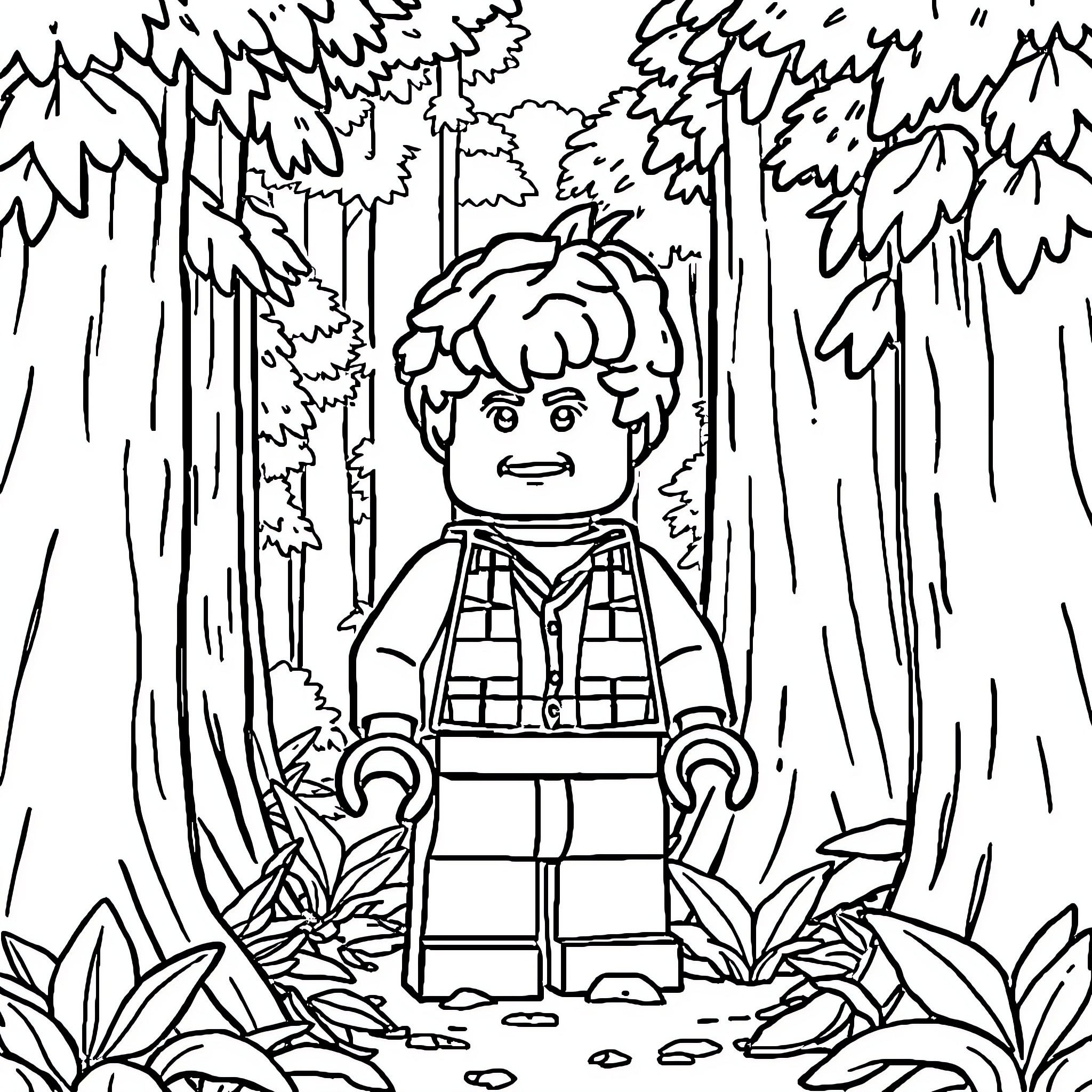 LEGO Character exploring a dense forest Coloring Page (free black-and-white line drawing printable PDF for all, from beginners to advanced learners, including children, teens, adults, and seniors)