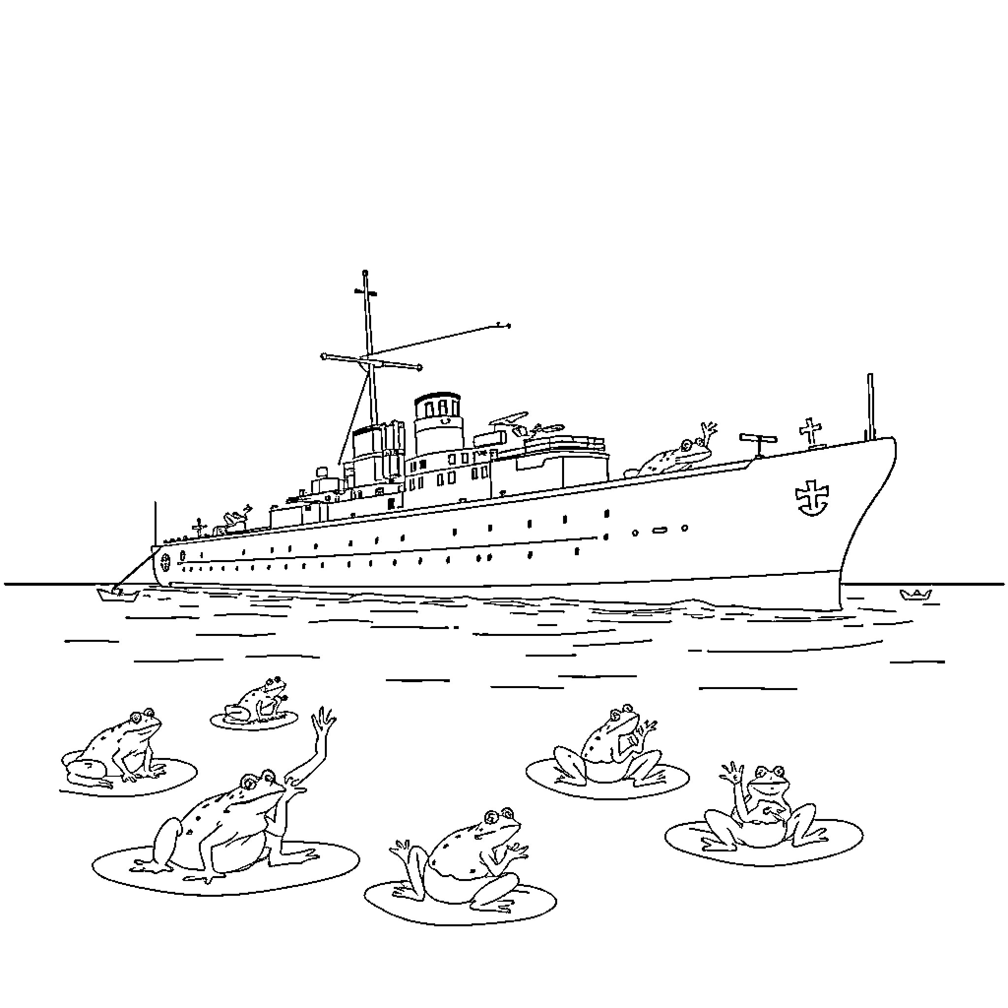 Bismarck ship sailing on the seas with frogs Coloring Page (free black-and-white line drawing printable PDF for all, from beginners to advanced learners, including children, teens, adults, and seniors)