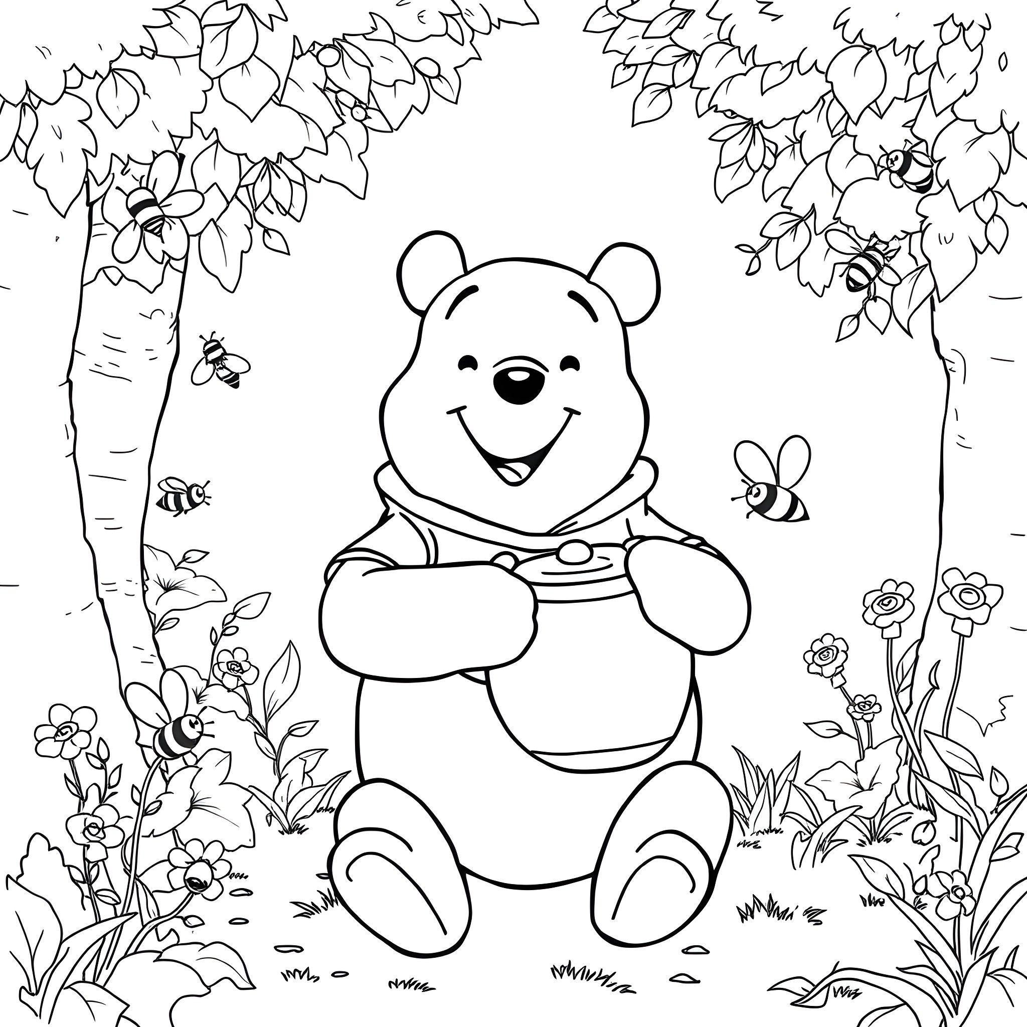 Winnie The Pooh Sitting Happily in the Flower Garden Coloring Page (free black-and-white line drawing printable PDF for all, from beginners to advanced learners, including children, teens, adults, and seniors)