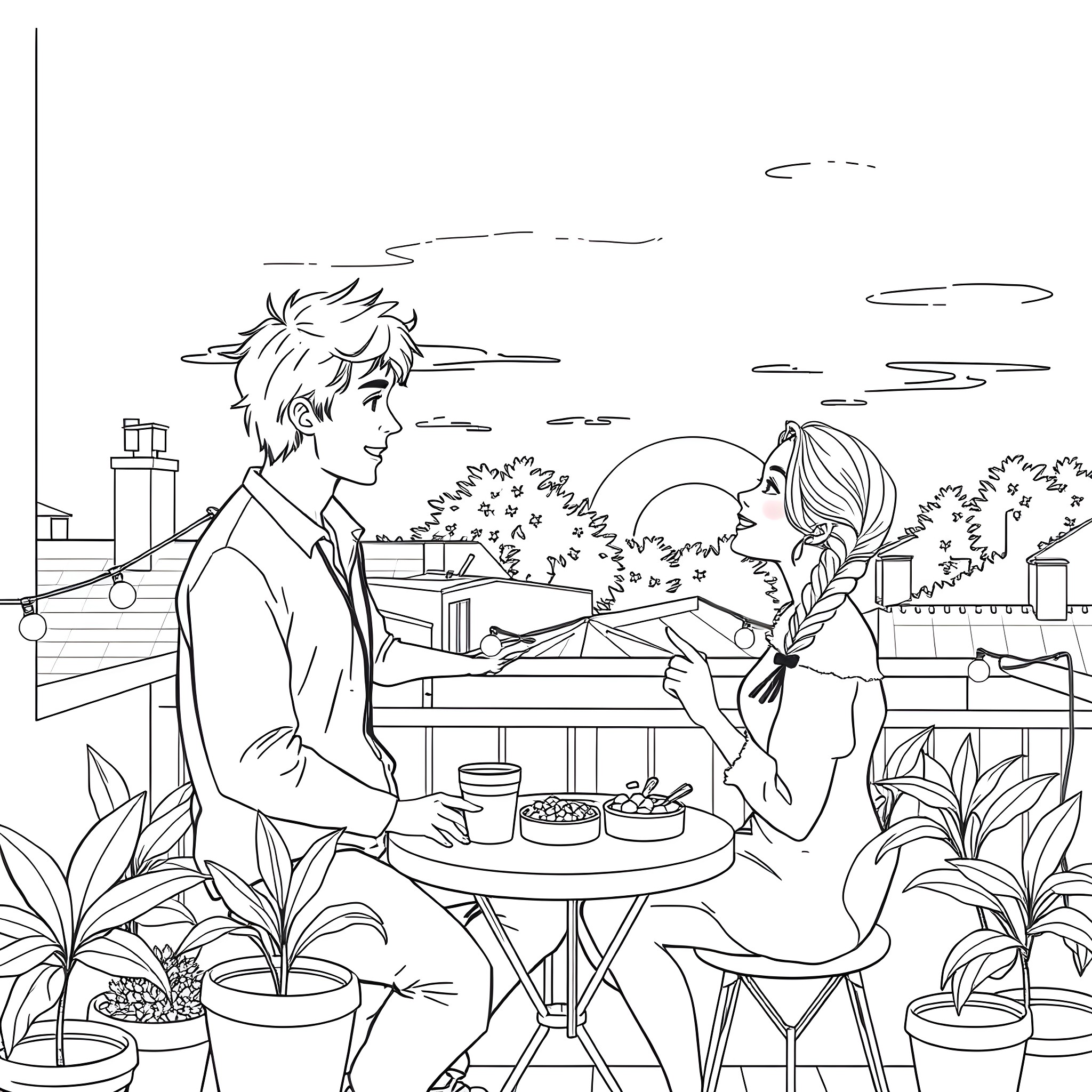 Couple enjoying conversation on outdoor patio Coloring Page (free black-and-white line drawing printable PDF for all, from beginners to advanced learners, including children, teens, adults, and seniors)