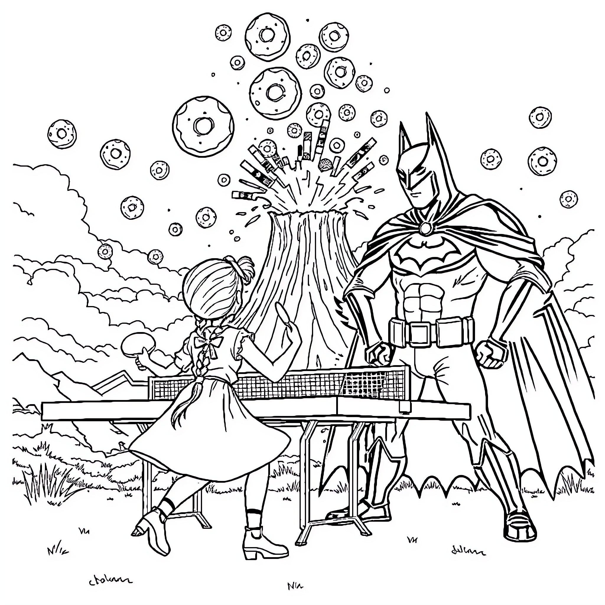 Pippi Longstocking and Batman Explore a Fantastical Landscape Coloring Page (free black-and-white line drawing printable PDF for all, from beginners to advanced learners, including children, teens, adults, and seniors)