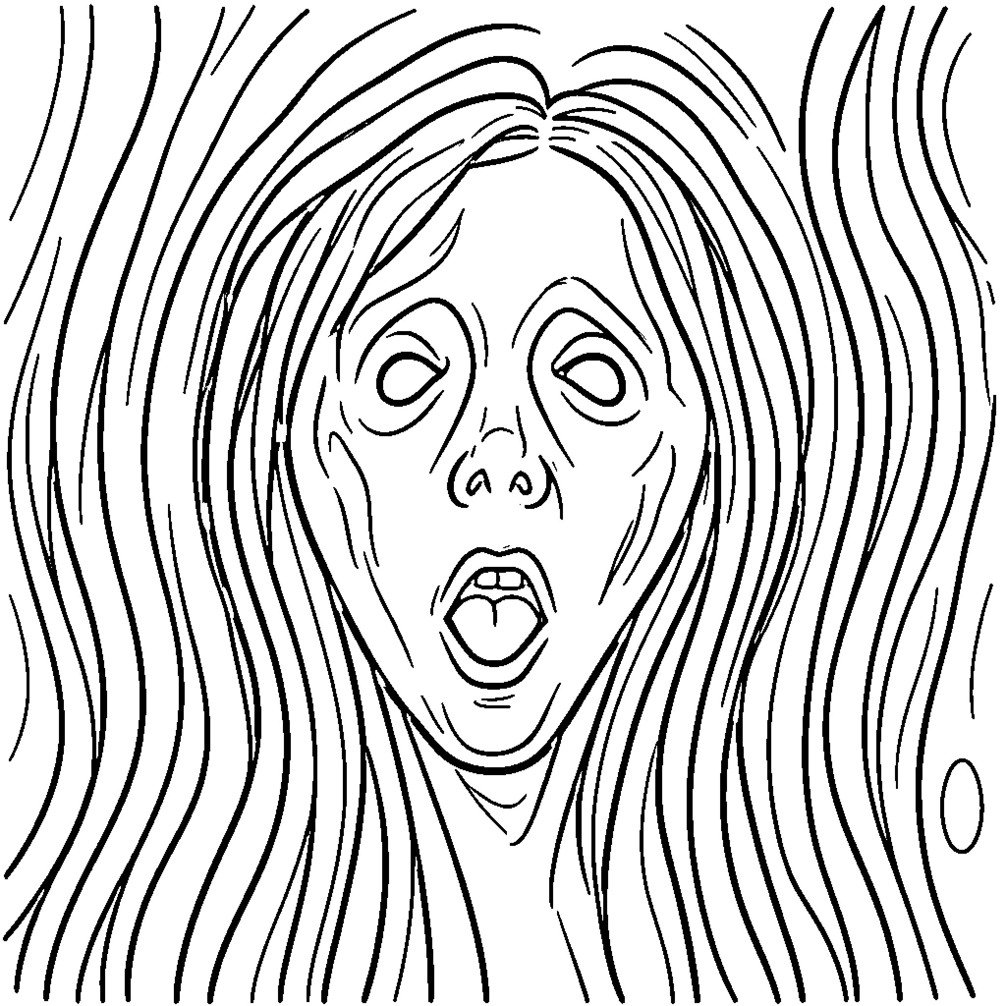 Scream with a terrified facial expression Coloring Page (free black-and-white line drawing printable PDF for all, from beginners to advanced learners, including children, teens, adults, and seniors)