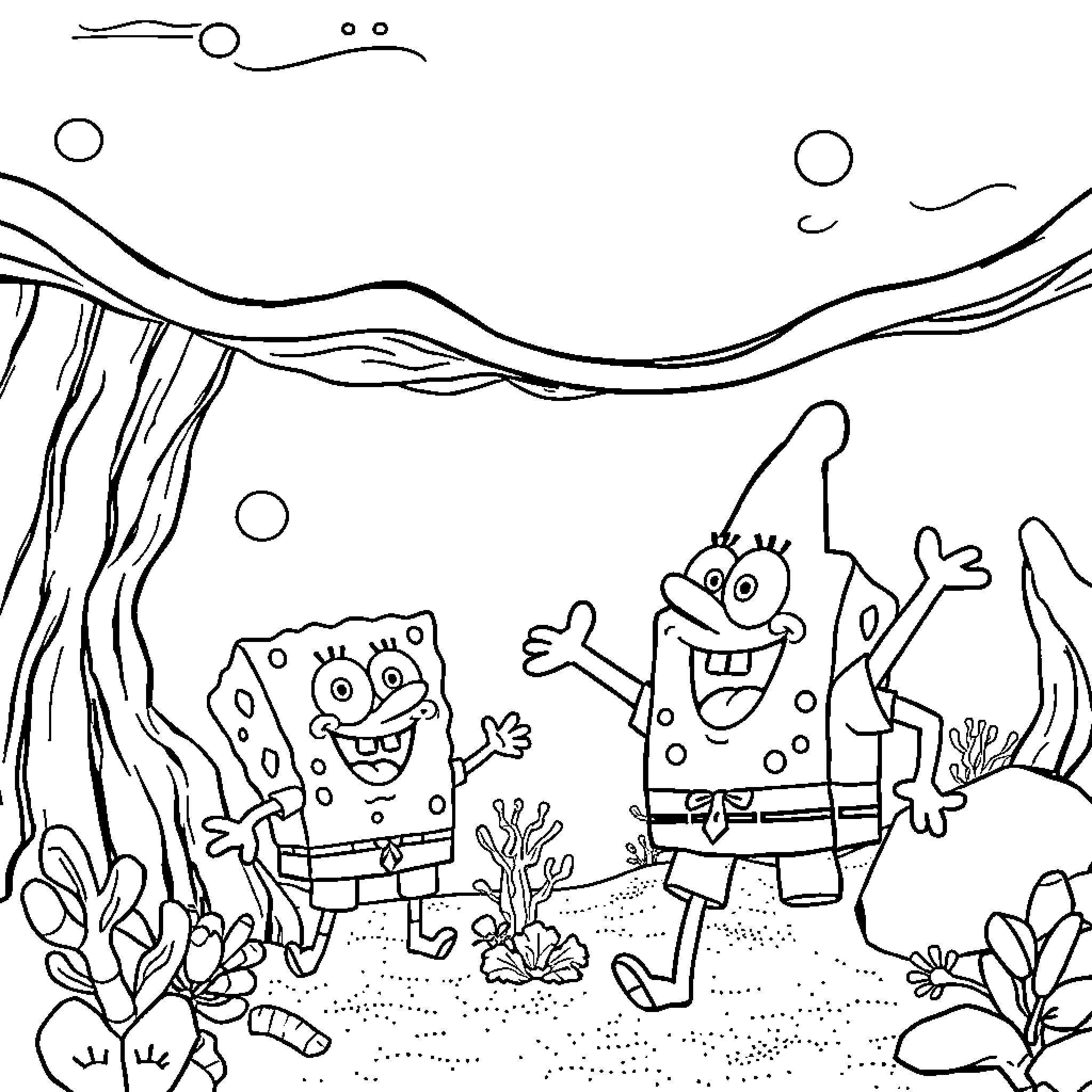 Spongebob and Patrick having fun underwater Coloring Page (free black-and-white line drawing printable PDF for all, from beginners to advanced learners, including children, teens, adults, and seniors)