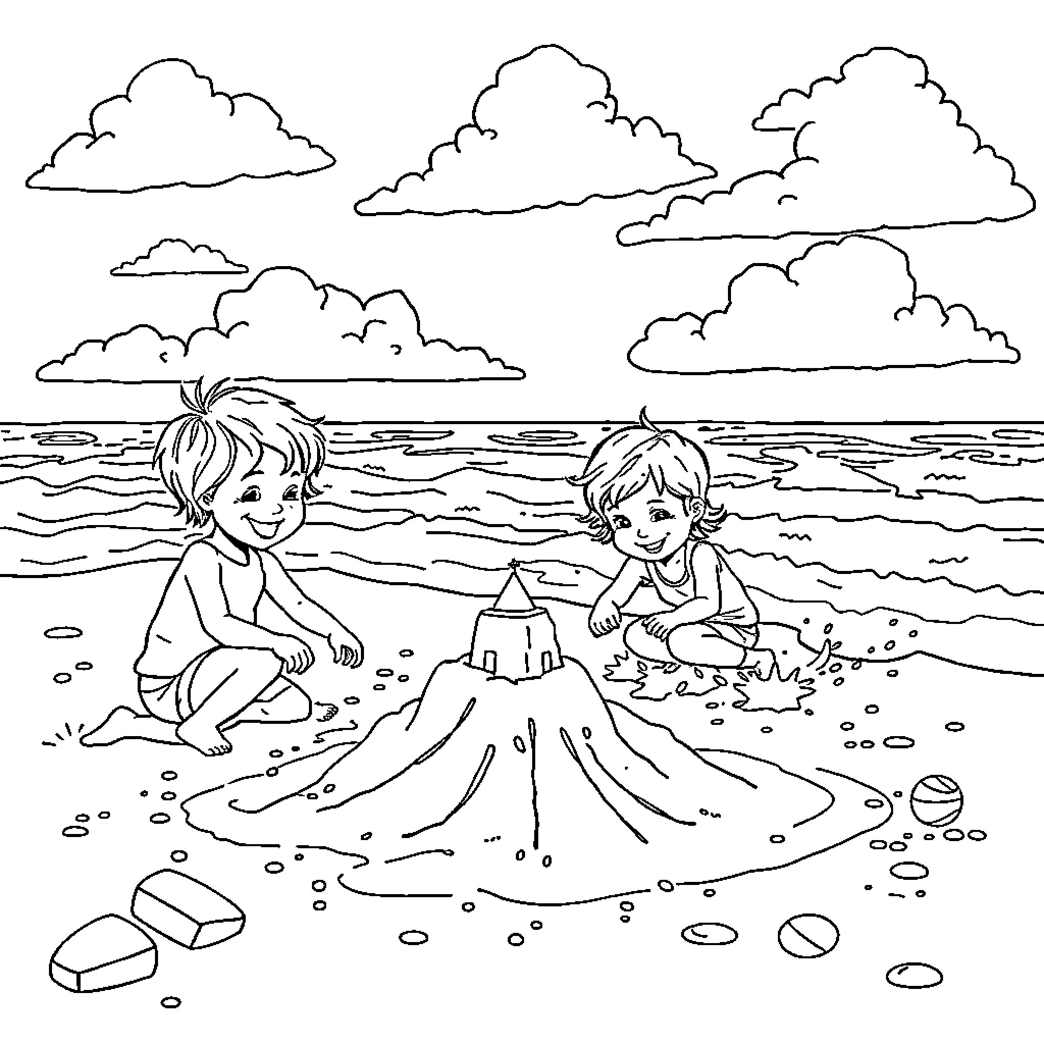 Beach Scene with Children Playing Coloring Page (free black-and-white line drawing printable PDF for all, from beginners to advanced learners, including children, teens, adults, and seniors)