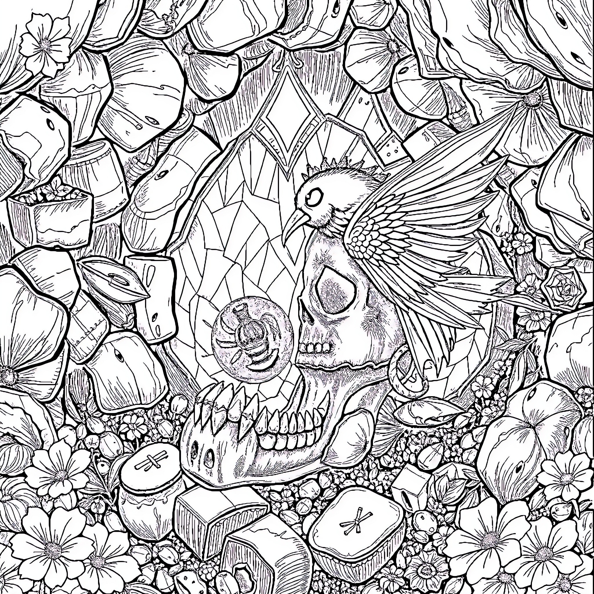 Snitch - Magical Avian Encounter in a Mystical Landscape Coloring Page (free black-and-white line drawing printable PDF for all, from beginners to advanced learners, including children, teens, adults, and seniors)