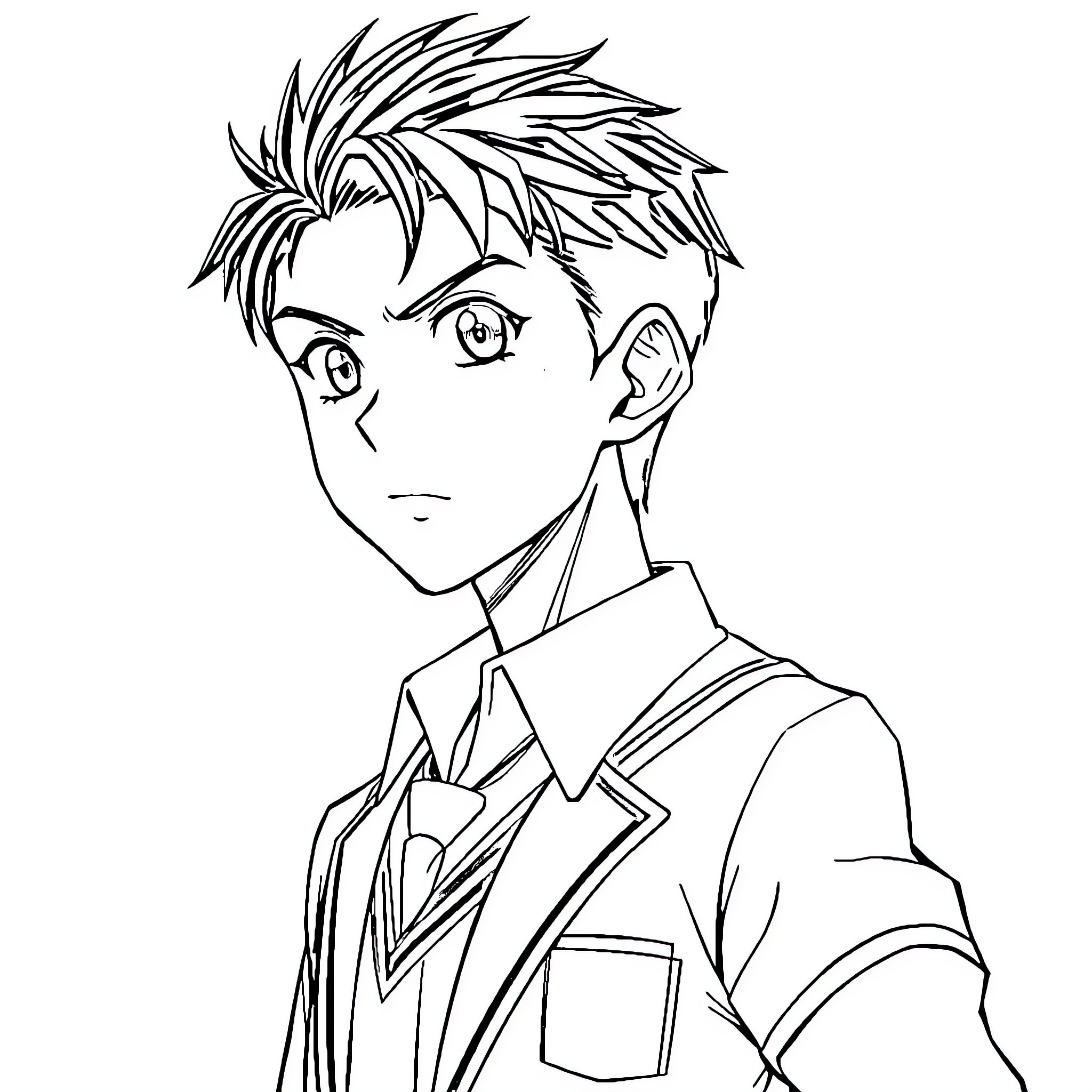 Yuji Itadori in formal attire with a serious expression Coloring Page (free black-and-white line drawing printable PDF for all, from beginners to advanced learners, including children, teens, adults, and seniors)