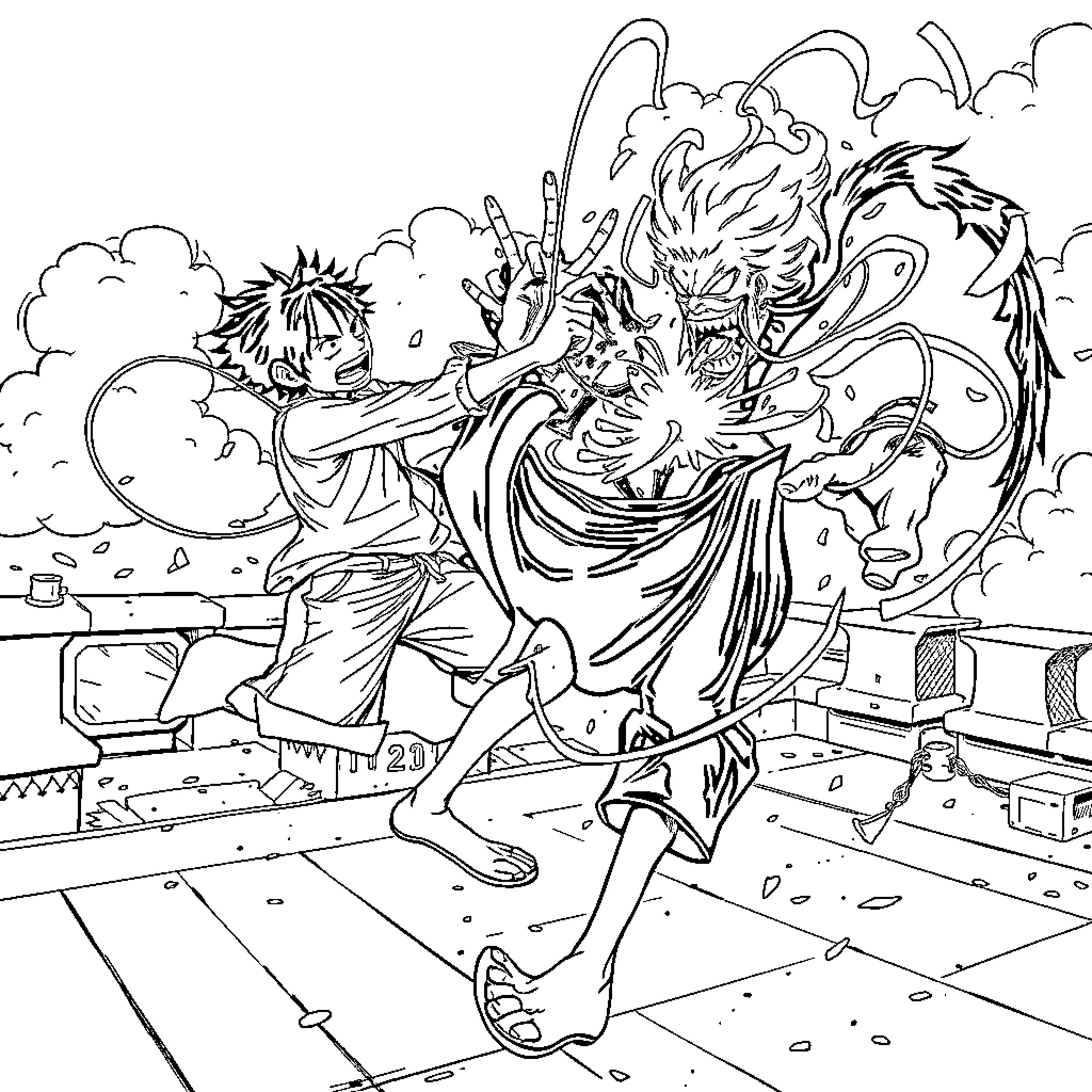 Luffy unleashing a powerful attack against a monstrous enemy Coloring Page (free black-and-white line drawing printable PDF for all, from beginners to advanced learners, including children, teens, adults, and seniors)