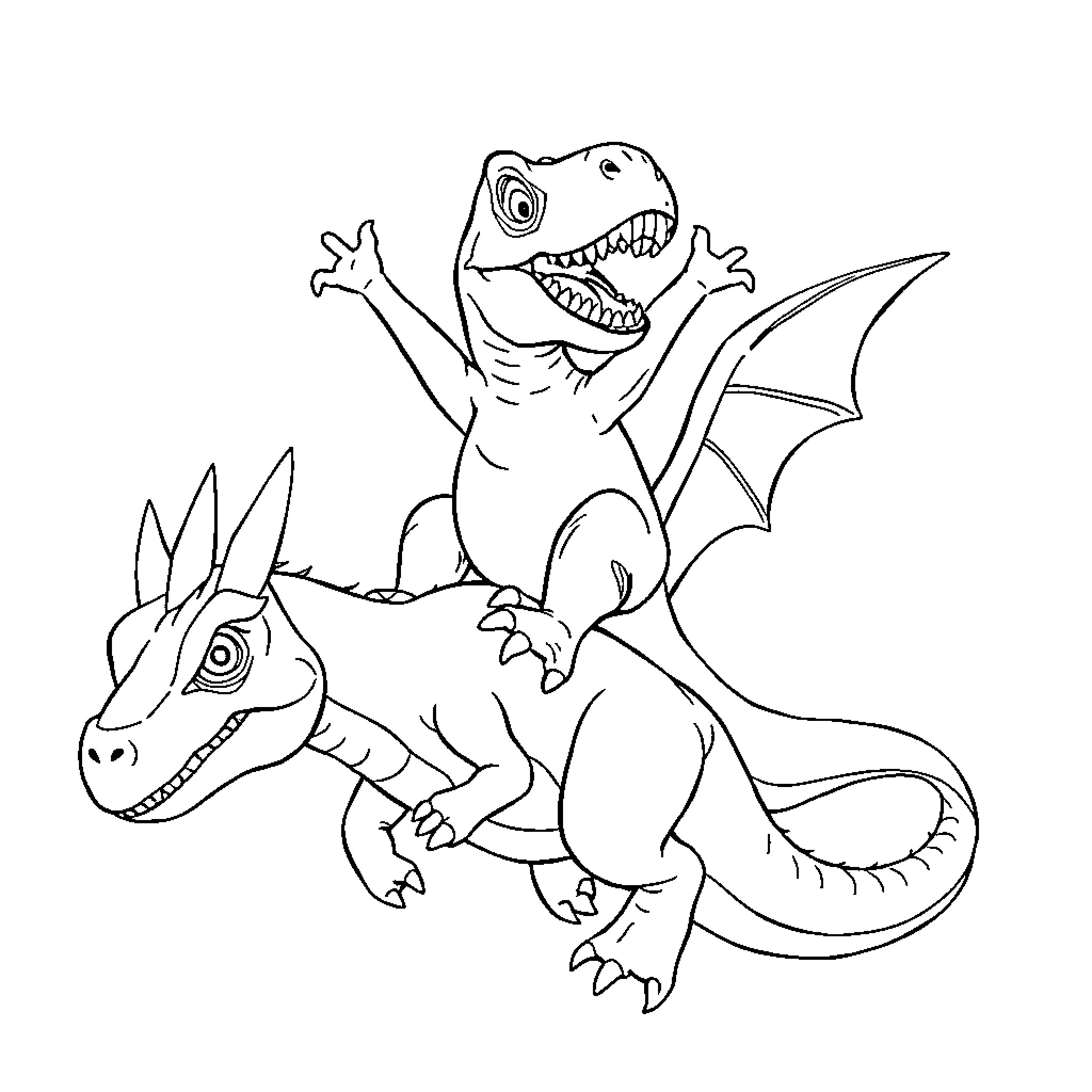 Trex dinosaurs playing and exploring together Coloring Page (free black-and-white line drawing printable PDF for all, from beginners to advanced learners, including children, teens, adults, and seniors)