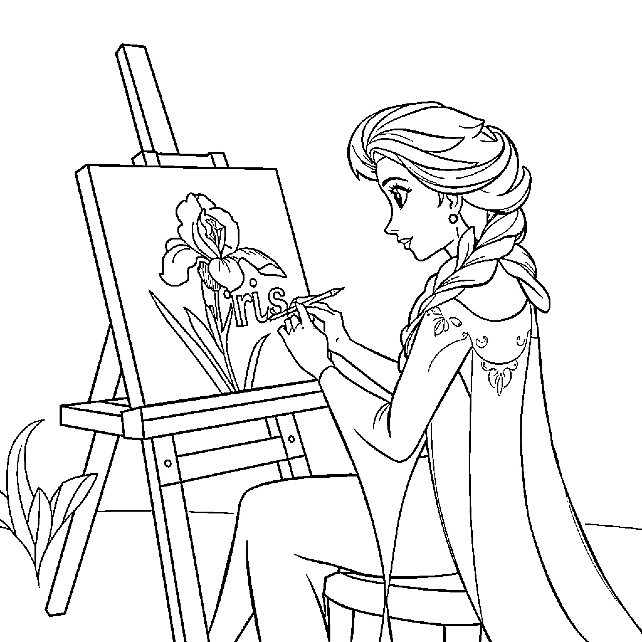 Iris painting a beautiful flower on a canvas Coloring Page (free black-and-white line drawing printable PDF for all, from beginners to advanced learners, including children, teens, adults, and seniors)