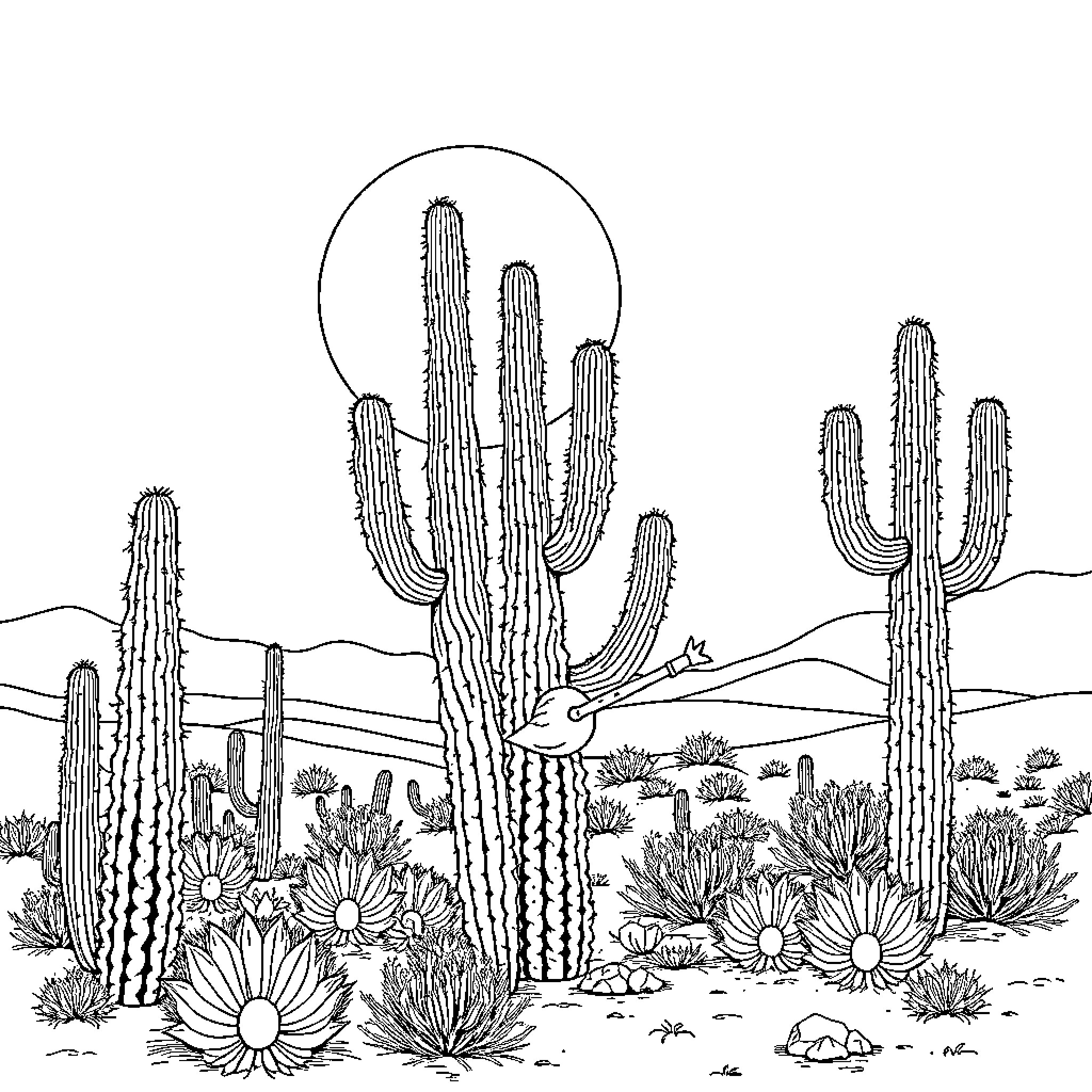 Carpenter Crafting Desert Landscape with Cacti Coloring Page (free black-and-white line drawing printable PDF for all, from beginners to advanced learners, including children, teens, adults, and seniors)