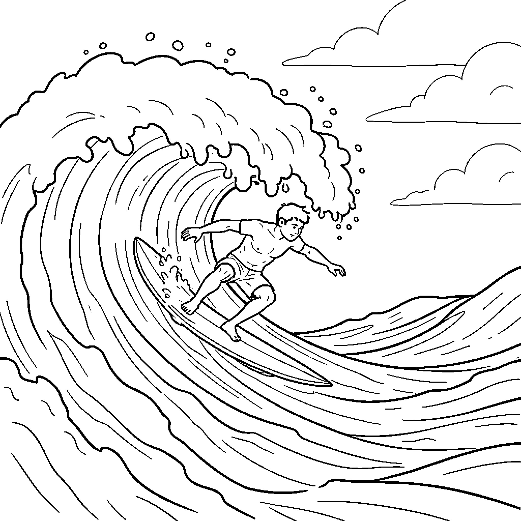 Surfista riding the waves with skill and grace Coloring Page (free black-and-white line drawing printable PDF for all, from beginners to advanced learners, including children, teens, adults, and seniors)