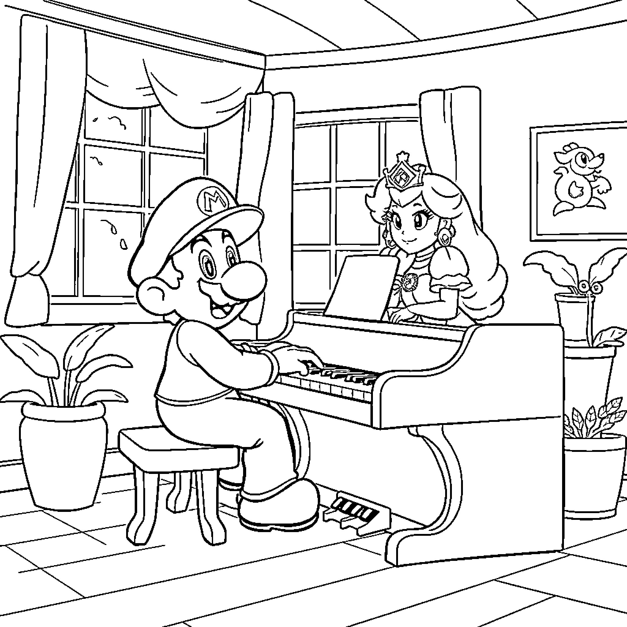 Mario playing piano in a cozy room Coloring Page (free black-and-white line drawing printable PDF for all, from beginners to advanced learners, including children, teens, adults, and seniors)