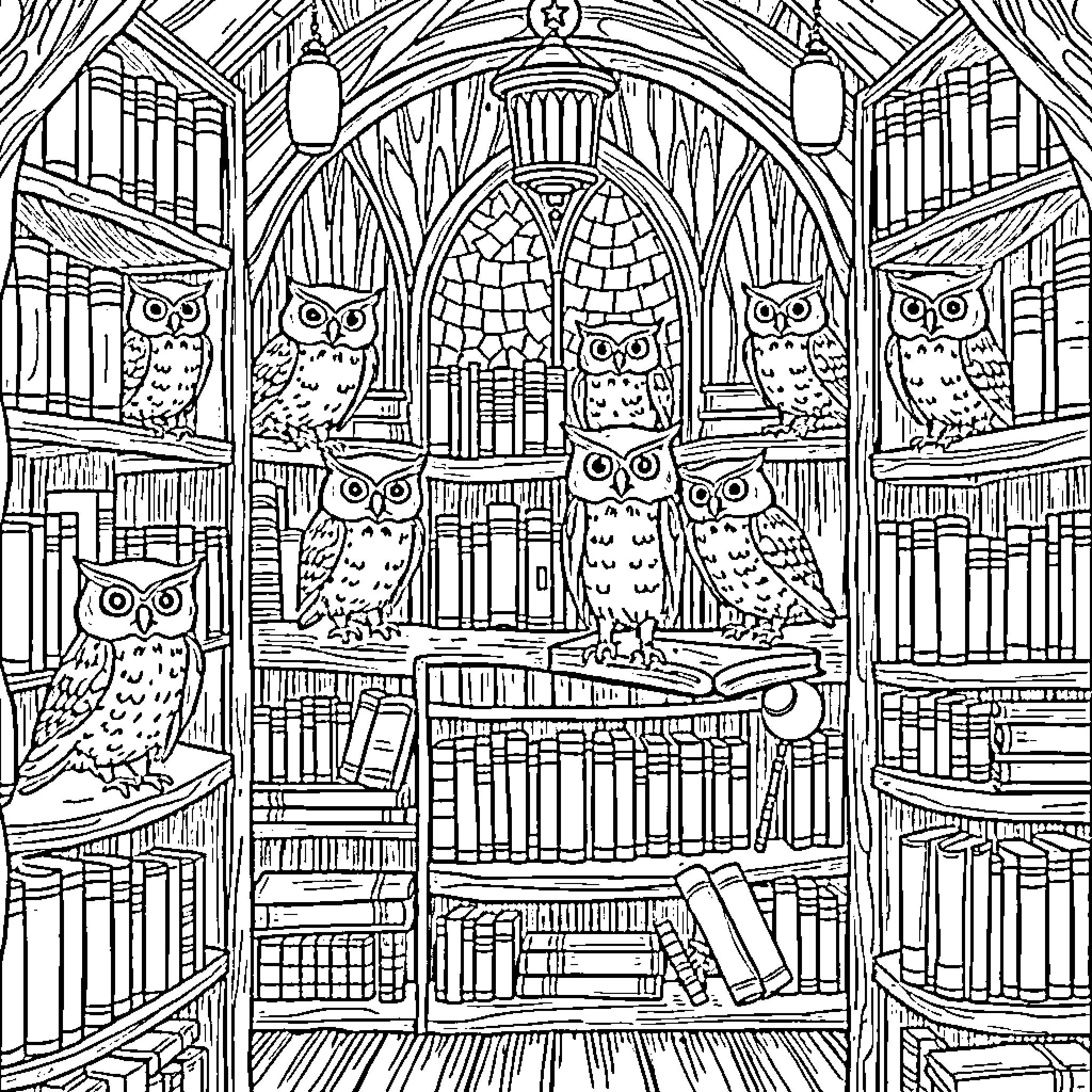 Owl Library Sanctuary with Magical Archways Coloring Page (free black-and-white line drawing printable PDF for all, from beginners to advanced learners, including children, teens, adults, and seniors)