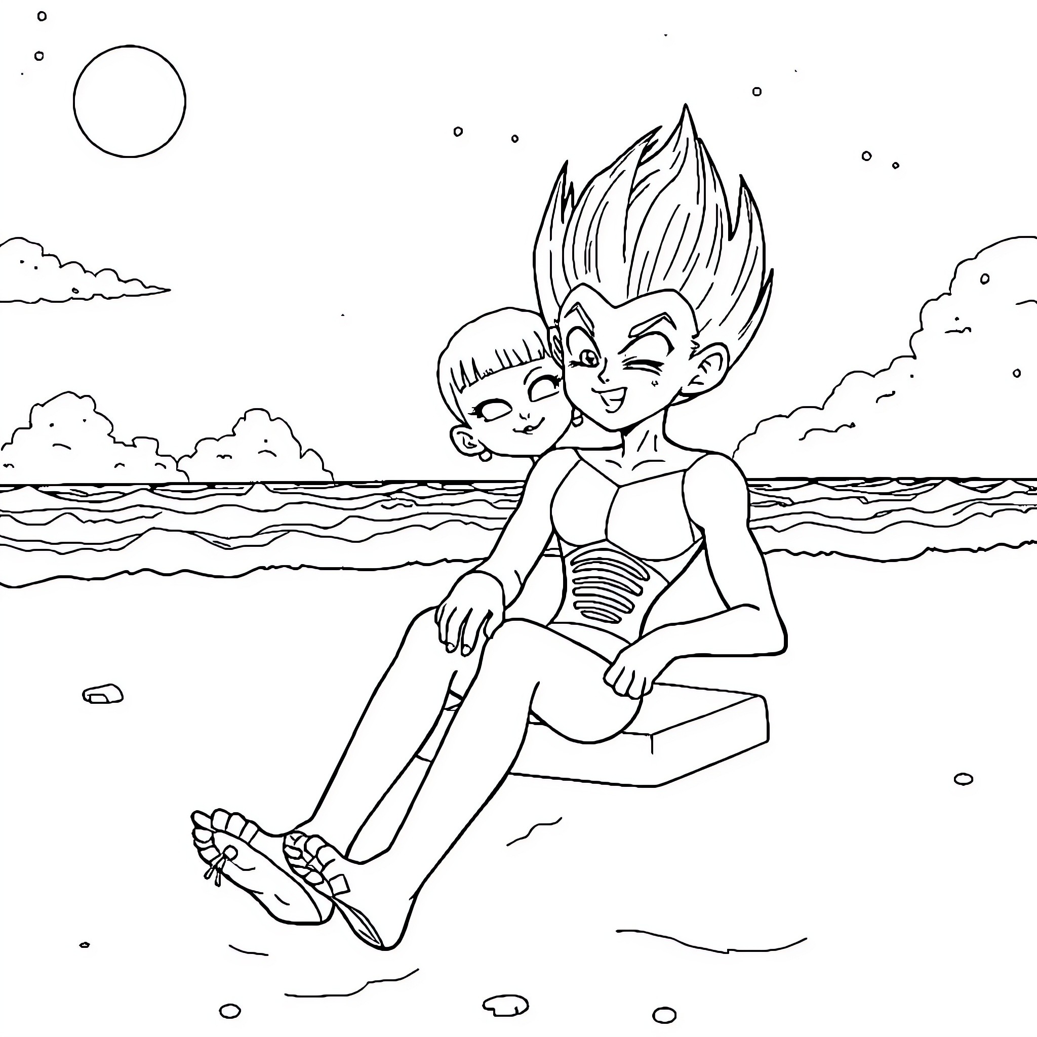 Vegeta characters relaxing on the beach Coloring Page (free black-and-white line drawing printable PDF for all, from beginners to advanced learners, including children, teens, adults, and seniors)