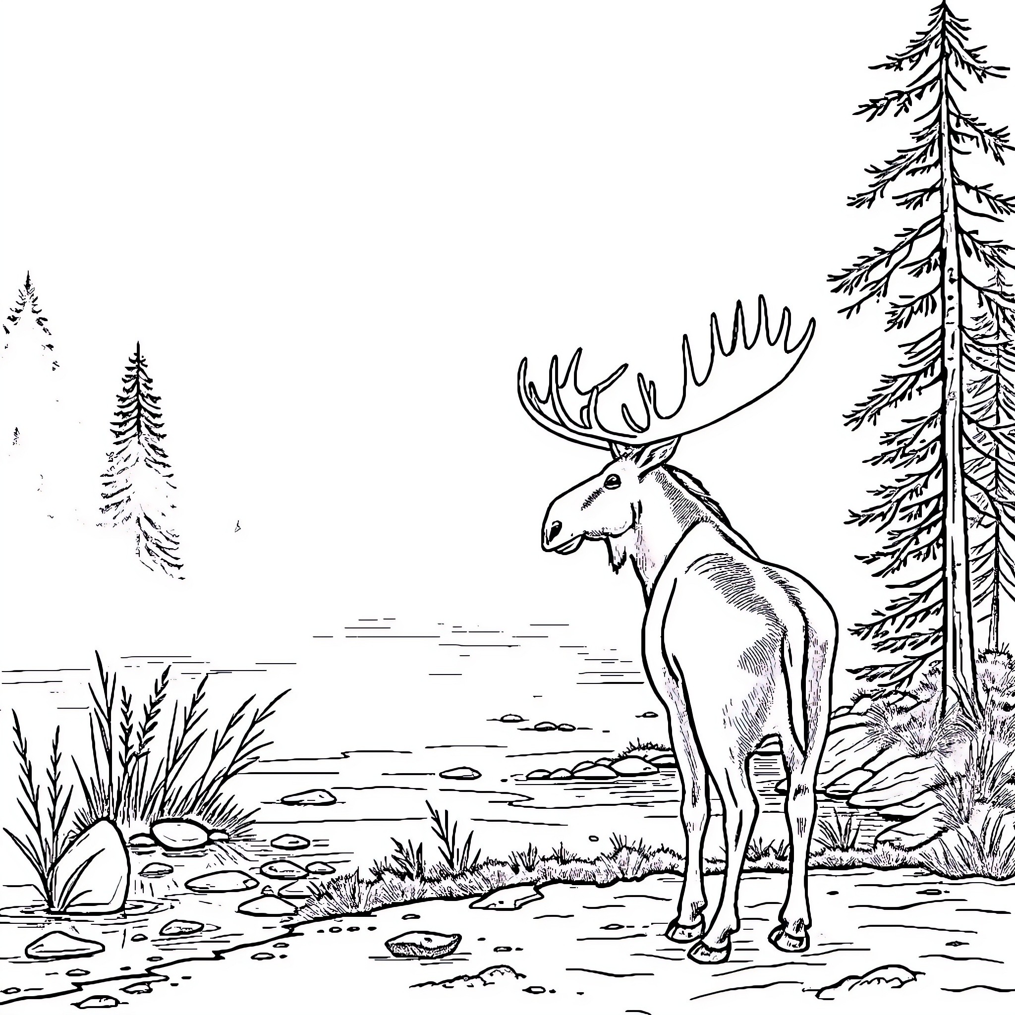 Moose standing tall in the wilderness Coloring Page (free black-and-white line drawing printable PDF for all, from beginners to advanced learners, including children, teens, adults, and seniors)