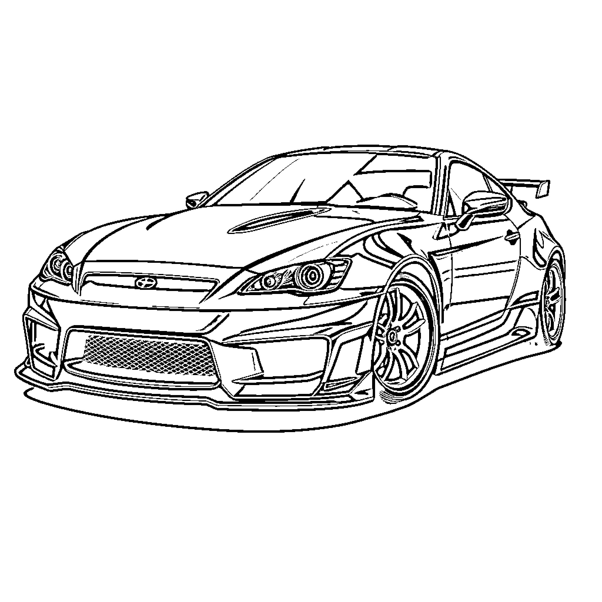 Modified Car in Racing Pose Coloring Page (free black-and-white line drawing printable PDF for all, from beginners to advanced learners, including children, teens, adults, and seniors)