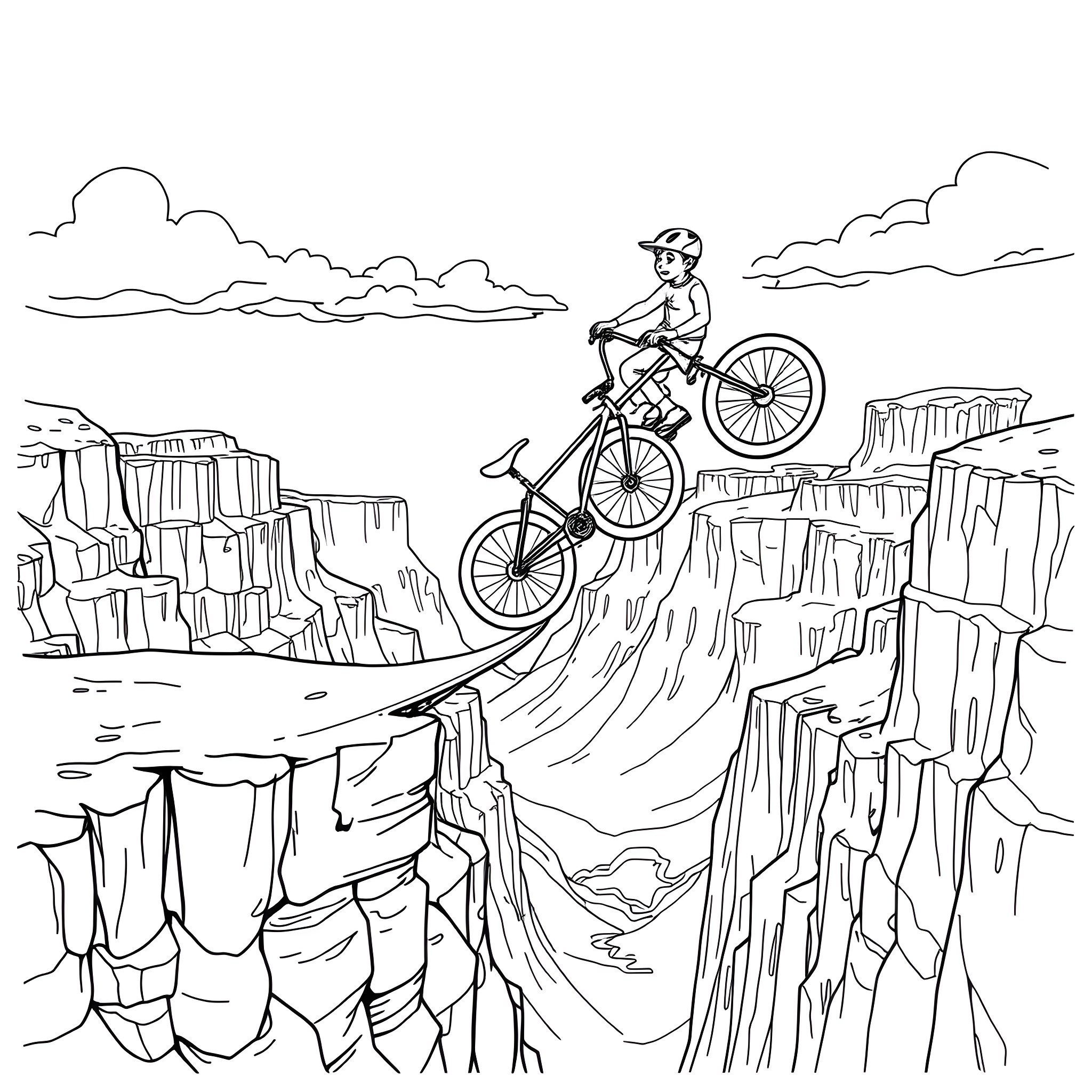 Pee Wee Herman's Daring Bicycle Stunt in the Canyon Coloring Page (free black-and-white line drawing printable PDF for all, from beginners to advanced learners, including children, teens, adults, and seniors)