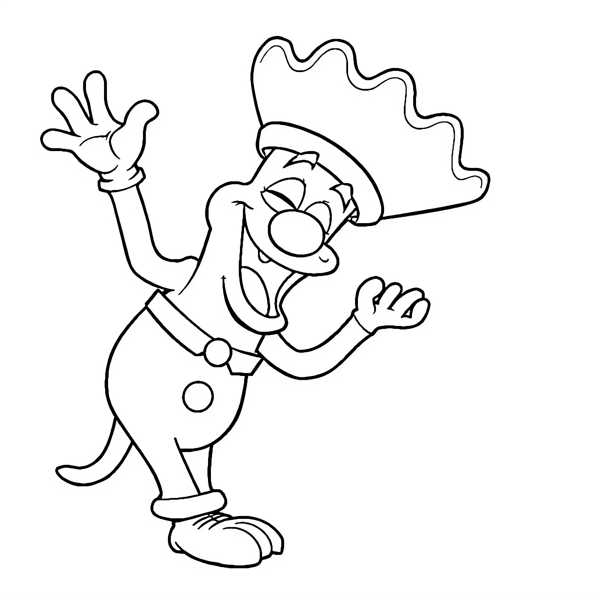 Tralalero Clown Waving and Jumping Excitedly Coloring Page (free black-and-white line drawing printable PDF for all, from beginners to advanced learners, including children, teens, adults, and seniors)