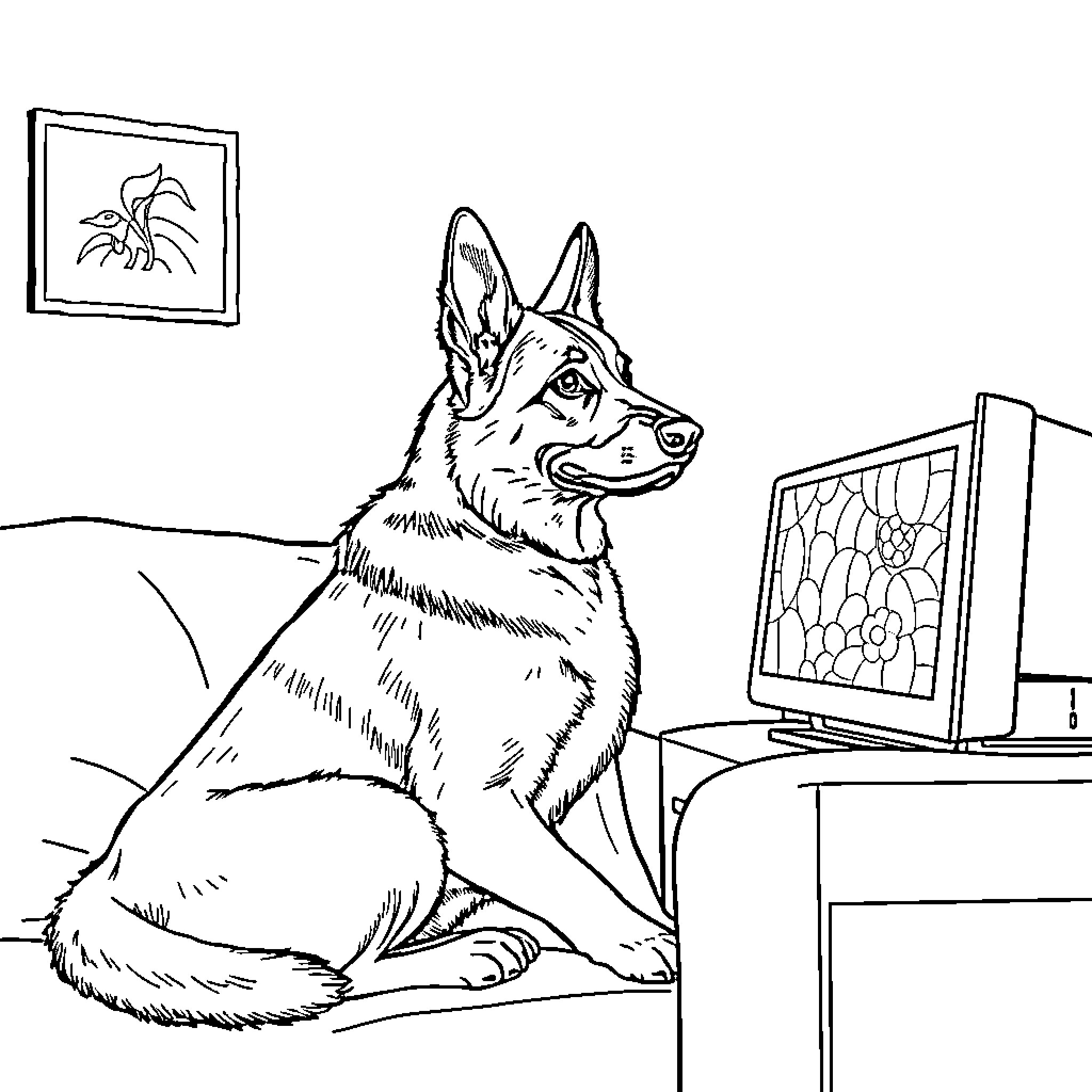 German Shepherd sitting obediently in a home office Coloring Page (free black-and-white line drawing printable PDF for all, from beginners to advanced learners, including children, teens, adults, and seniors)