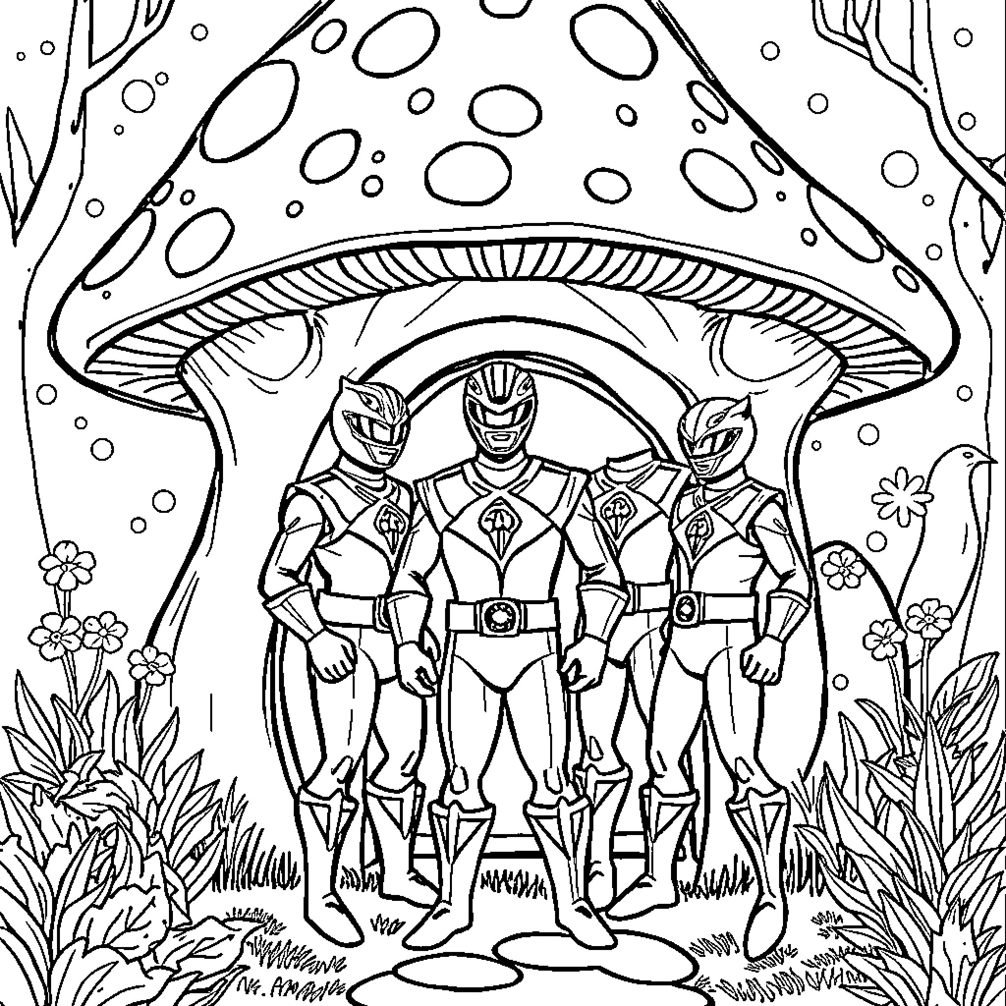 Power Ranger Team Posing Under Mushroom Coloring Page (free black-and-white line drawing printable PDF for all, from beginners to advanced learners, including children, teens, adults, and seniors)