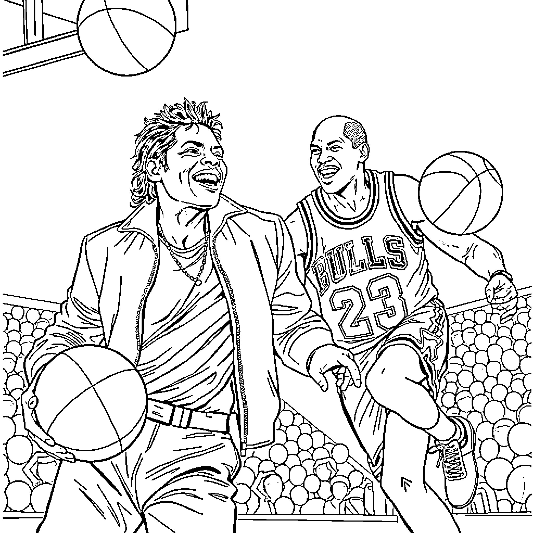 Michael Jackson and Basketball Player Enjoying Game Coloring Page (free black-and-white line drawing printable PDF for all, from beginners to advanced learners, including children, teens, adults, and seniors)
