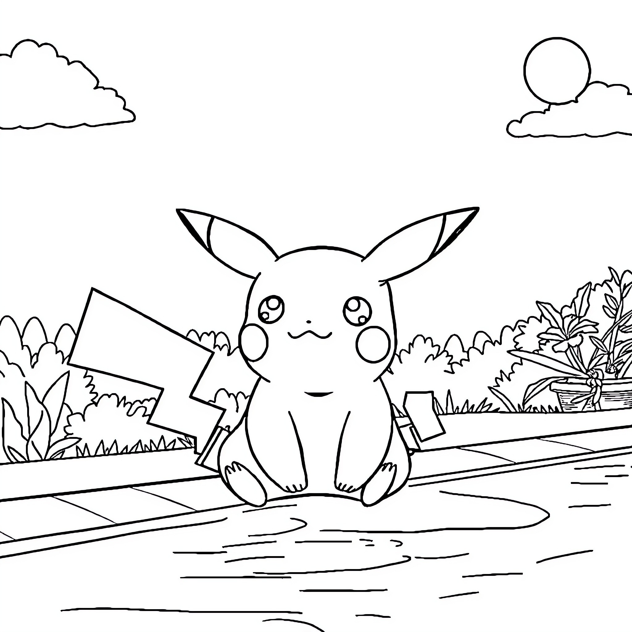 Pikachu relaxing by the river Coloring Page (free black-and-white line drawing printable PDF for all, from beginners to advanced learners, including children, teens, adults, and seniors)
