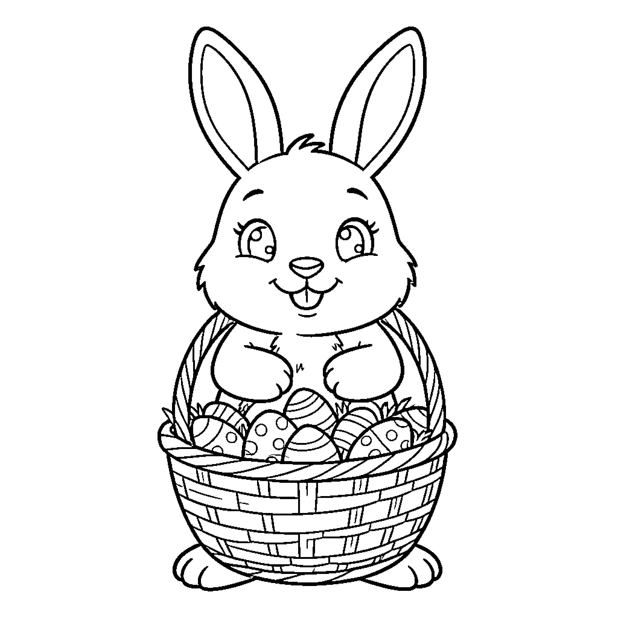 Easter Bunny with Basket of Eggs Coloring Page (free black-and-white line drawing printable PDF for all, from beginners to advanced learners, including children, teens, adults, and seniors)