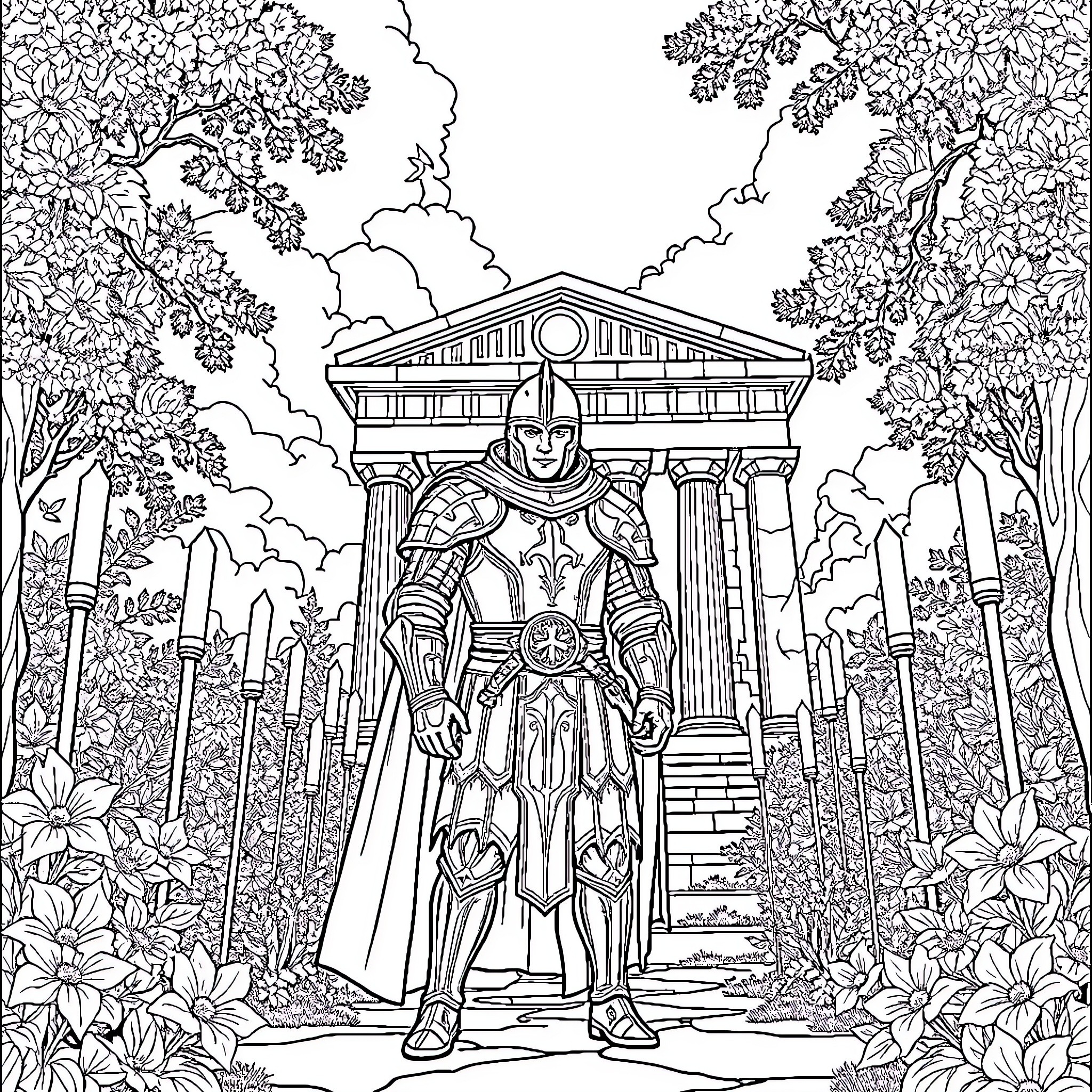 Samurai Warrior Guarding Ancient Temple Entrance Coloring Page (free black-and-white line drawing printable PDF for all, from beginners to advanced learners, including children, teens, adults, and seniors)