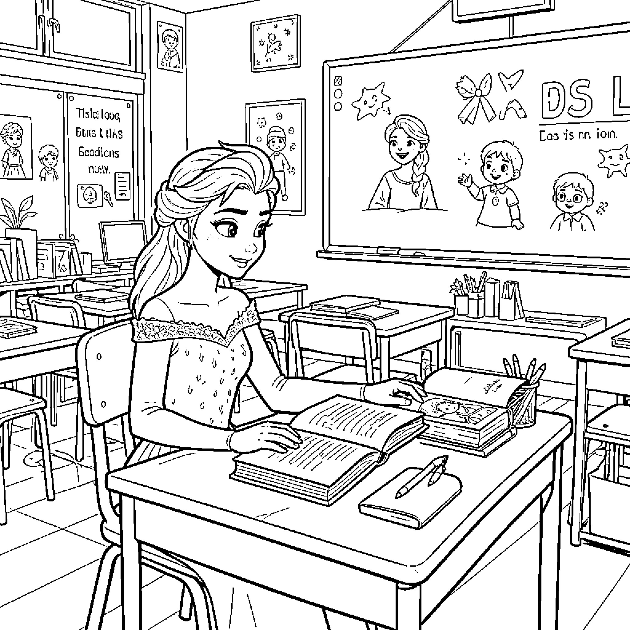 Elsa studying and reading books at a school desk Coloring Page (free black-and-white line drawing printable PDF for all, from beginners to advanced learners, including children, teens, adults, and seniors)
