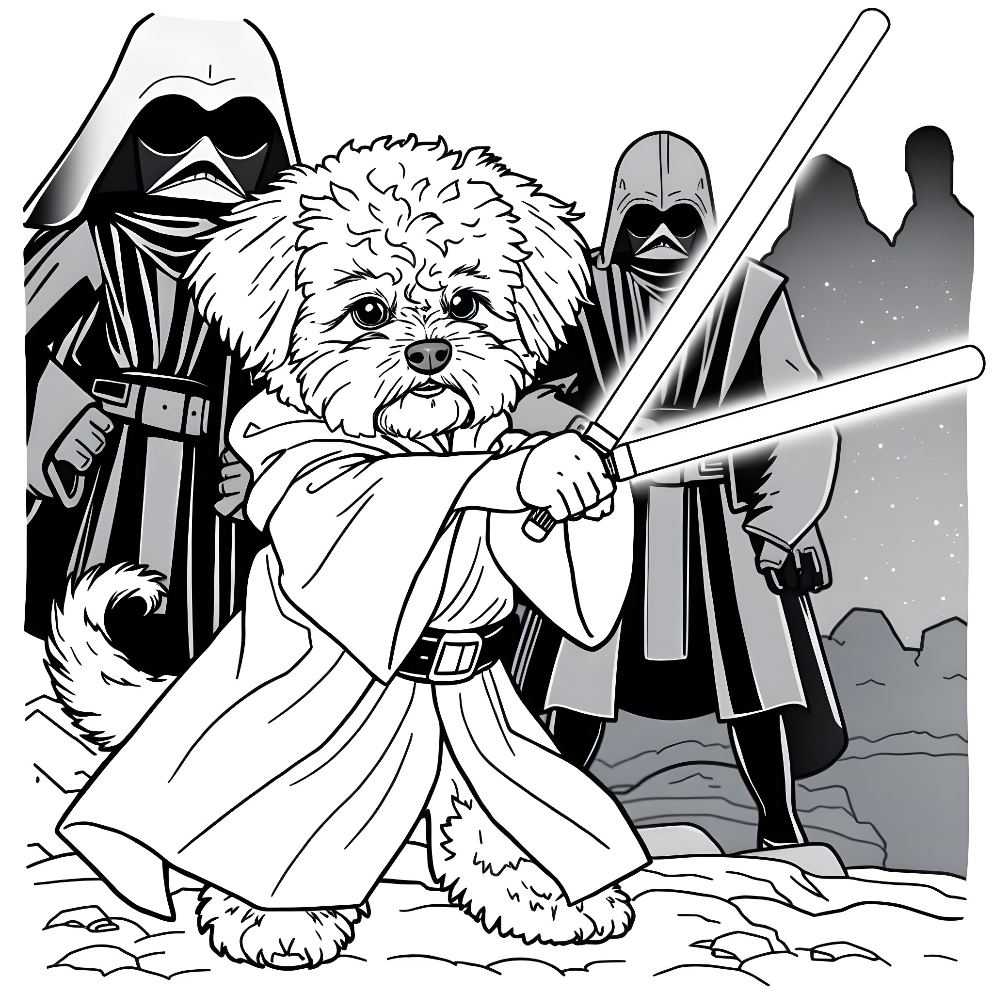 Bichon Frise in Jedi Training with Darth Vader Coloring Page (free black-and-white line drawing printable PDF for all, from beginners to advanced learners, including children, teens, adults, and seniors)