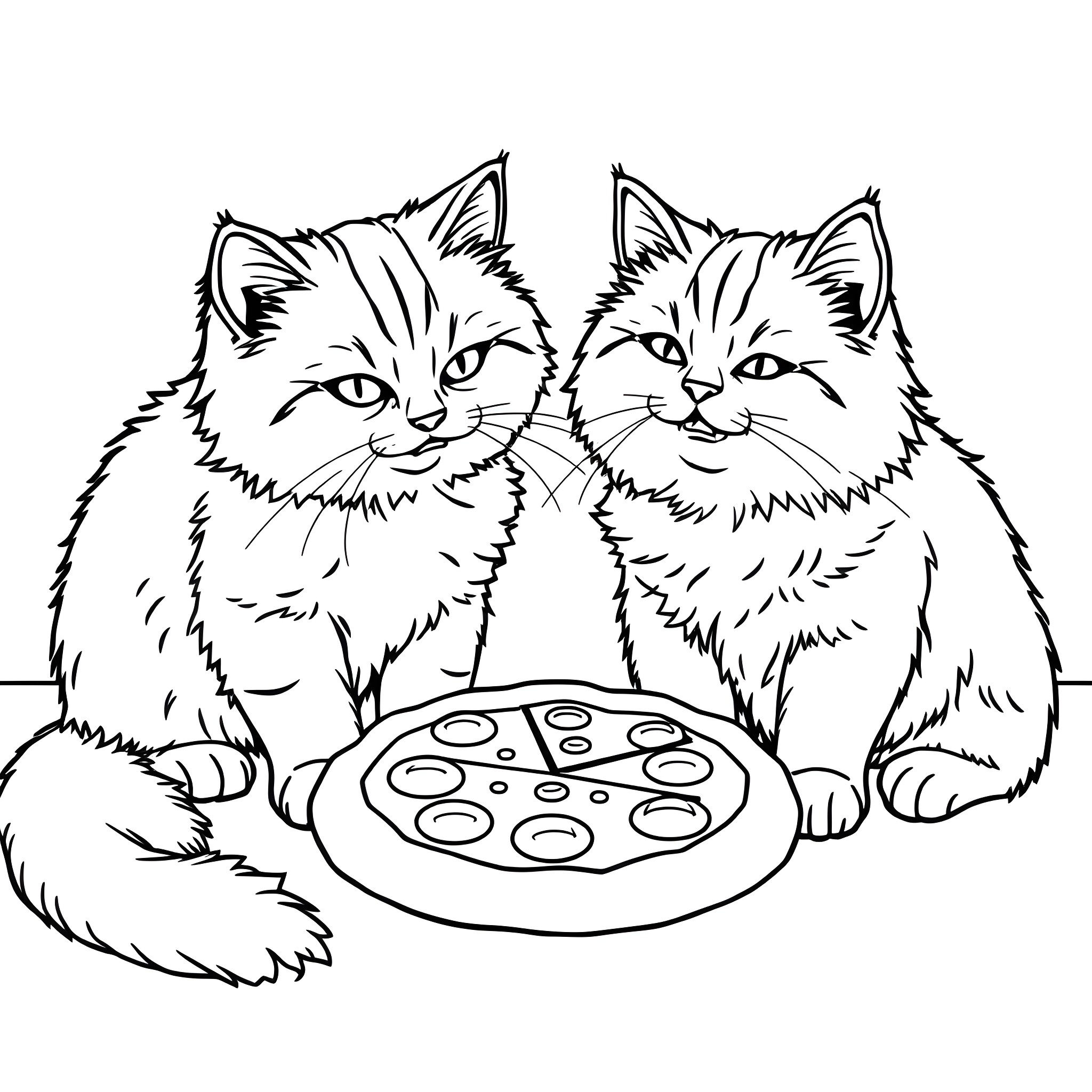 Cats sharing a treat Coloring Page (free black-and-white line drawing printable PDF for all, from beginners to advanced learners, including children, teens, adults, and seniors)
