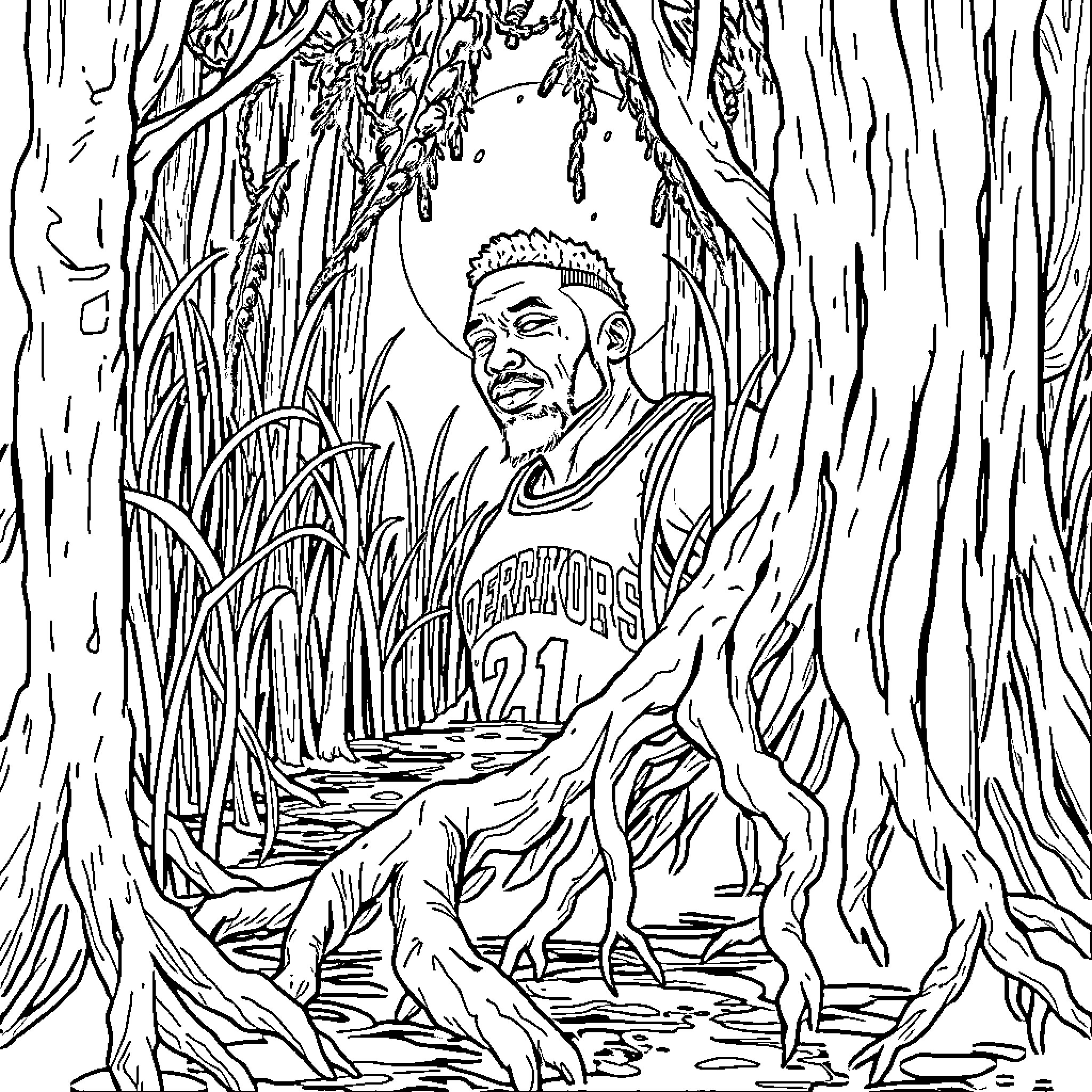 Derrick Rose in an abstract forest setting Coloring Page (free black-and-white line drawing printable PDF for all, from beginners to advanced learners, including children, teens, adults, and seniors)