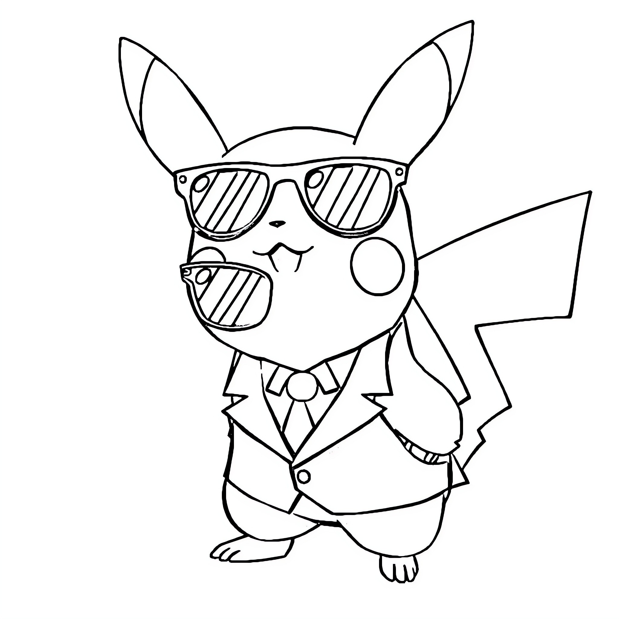 Pikachu wearing stylish sunglasses and formal attire Coloring Page (free black-and-white line drawing printable PDF for all, from beginners to advanced learners, including children, teens, adults, and seniors)