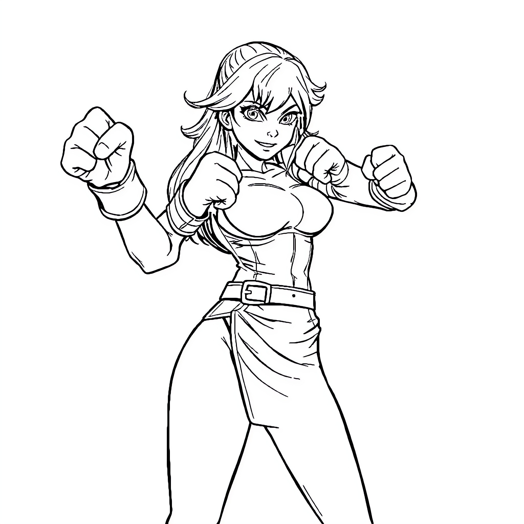 Vibrant Heroine Strikes a Pose Coloring Page (free black-and-white line drawing printable PDF for all, from beginners to advanced learners, including children, teens, adults, and seniors)