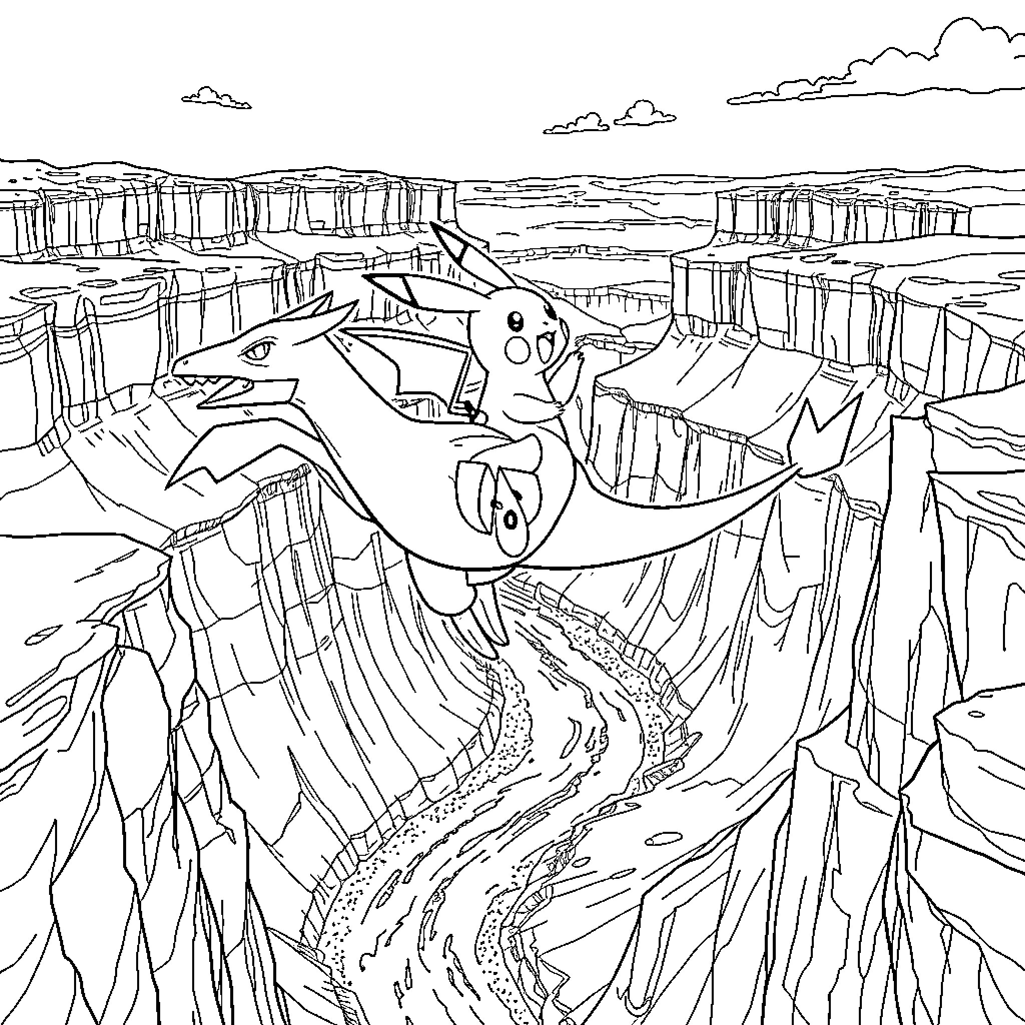Pikachu exploring the magical canyon landscape Coloring Page (free black-and-white line drawing printable PDF for all, from beginners to advanced learners, including children, teens, adults, and seniors)