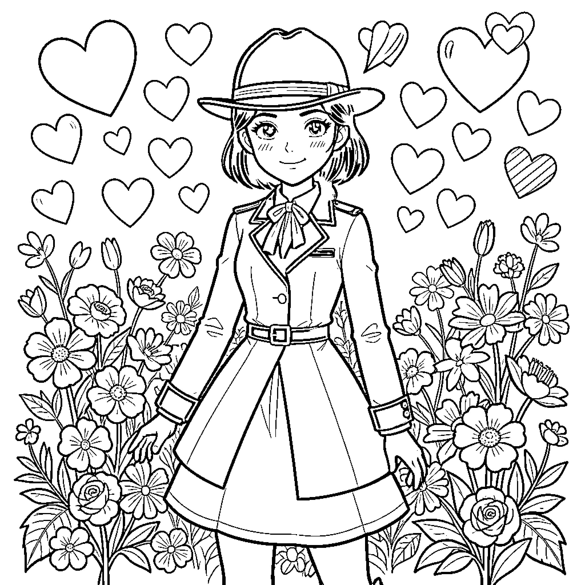Girl in floral field with hearts Coloring Page (free black-and-white line drawing printable PDF for all, from beginners to advanced learners, including children, teens, adults, and seniors)
