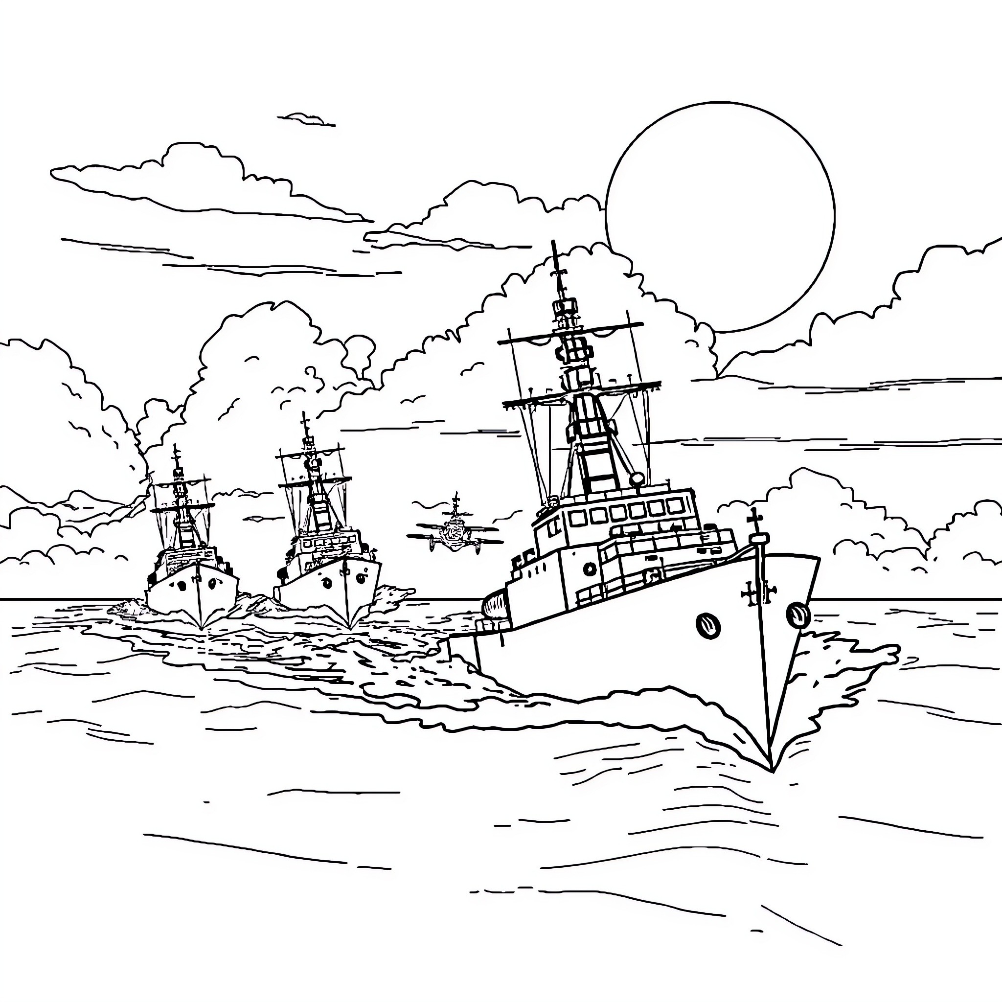 Naval Ships Navigating Through Rough Seas Coloring Page (free black-and-white line drawing printable PDF for all, from beginners to advanced learners, including children, teens, adults, and seniors)
