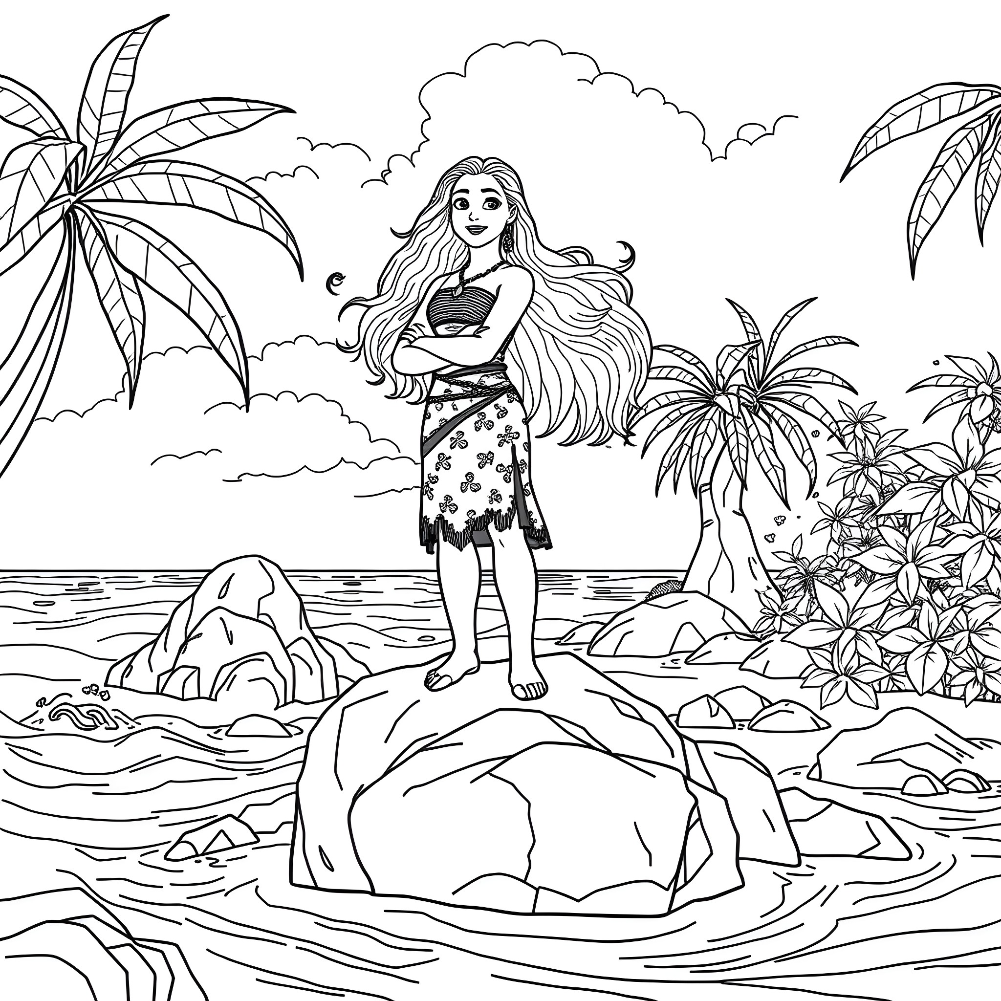 Moana standing confidently on rocky shore Coloring Page (free black-and-white line drawing printable PDF for all, from beginners to advanced learners, including children, teens, adults, and seniors)